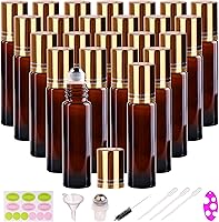 inice 24 Pack 10ml Amber Glass Roller Bottles for Essential Oils - Stainless Steel Balls, Caps & Full Accessory Kit