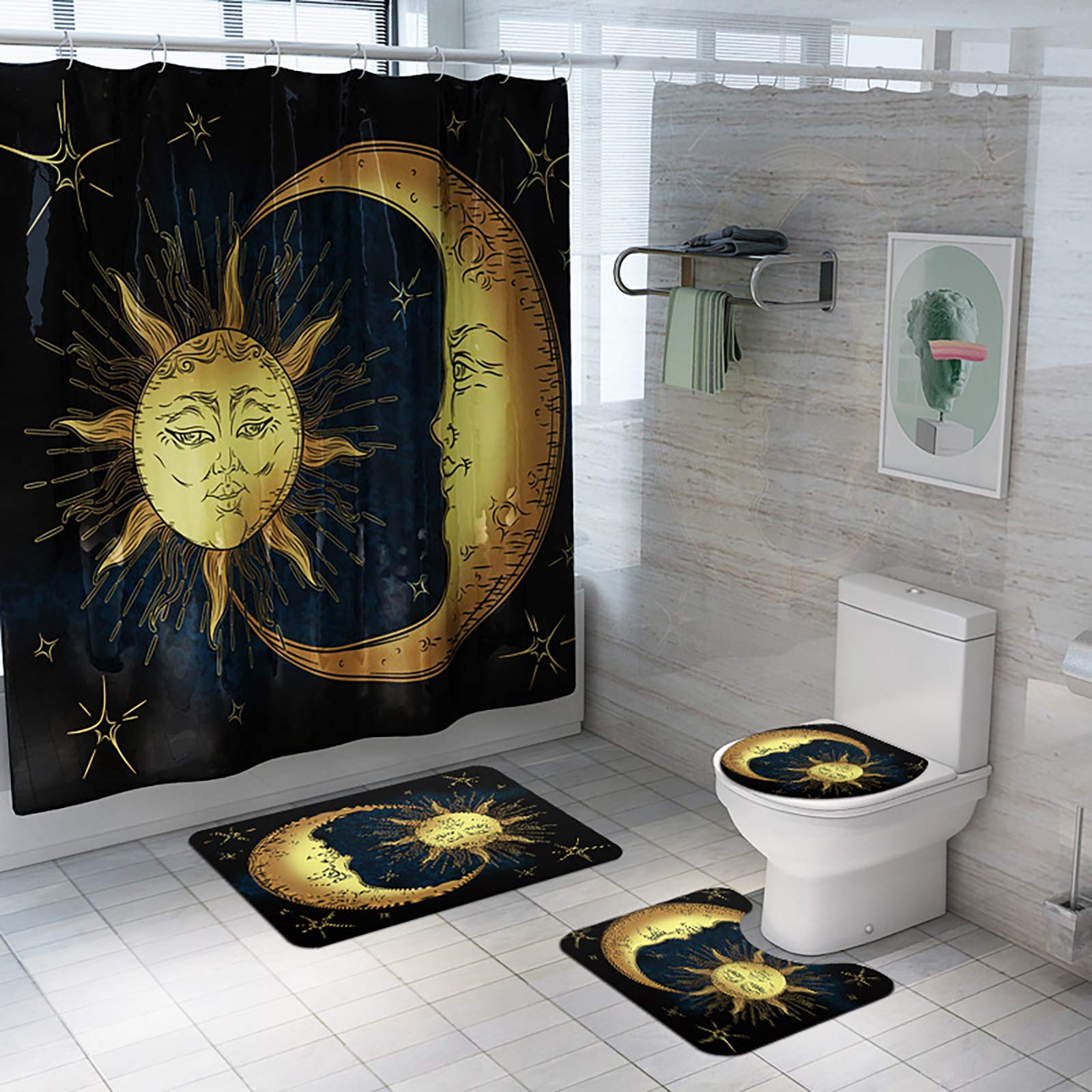 Ensemble rideau de douche et tapis 4 pièces motif soleil lune avec crochets pour salle de bain