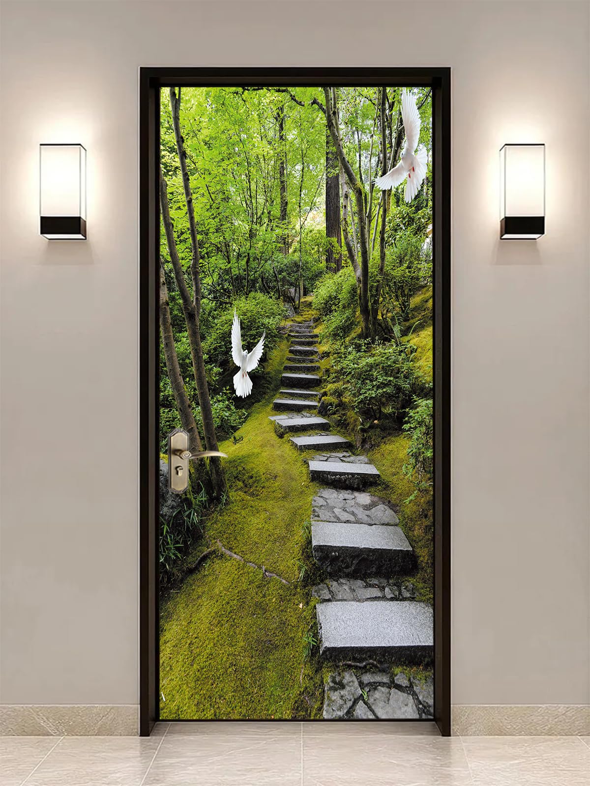 artfanke 3D Peel and Stick Door Sticker 30.3"x78.7"- Self-Adhesive Door Wallpaper Murals Decal Wall Poster-Pigeon Green Forest Landscape for Home
