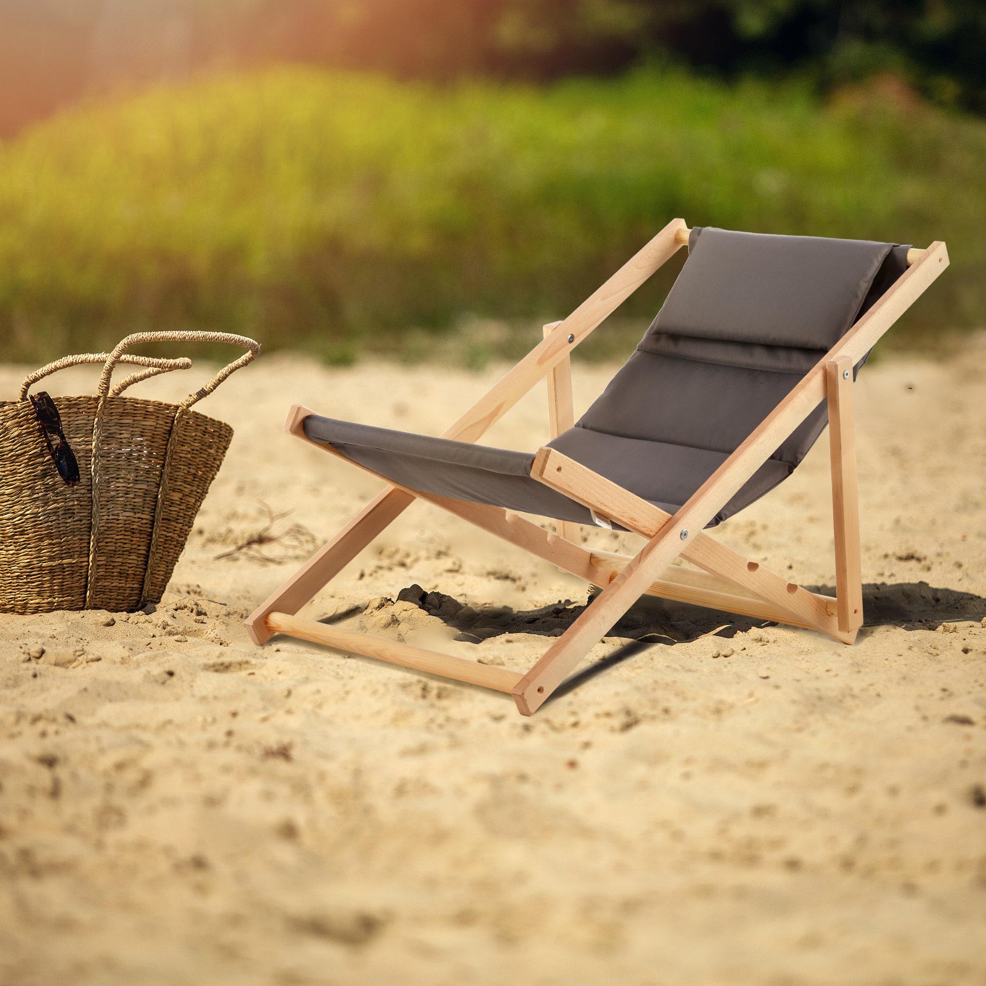 KADAX Liegestuhl, Strandstuhl aus Holz, Sonnenliege bis 120kg, Liege aus Buchenholz, Holzklappstühle, Strandliege, Klappliege für Strand, Holz-Liegestuhl (Mit Kopfstütze, Grau)
