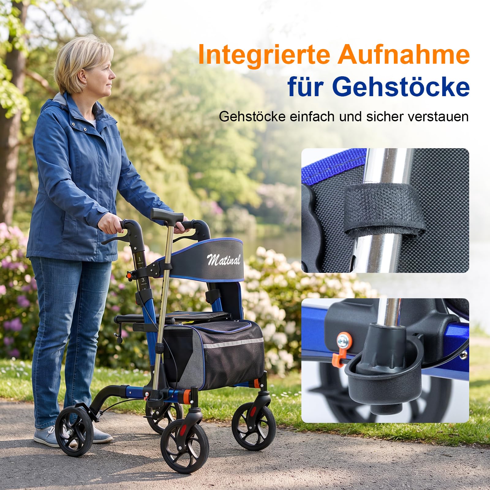 Andadores para personas mayores, andador con asiento, capacidad de carga de 159 kg, asiento grande (46 cm), ruedas de 20 cm, 6 niveles de ajuste de altura, andador con marco de aluminio ligero para