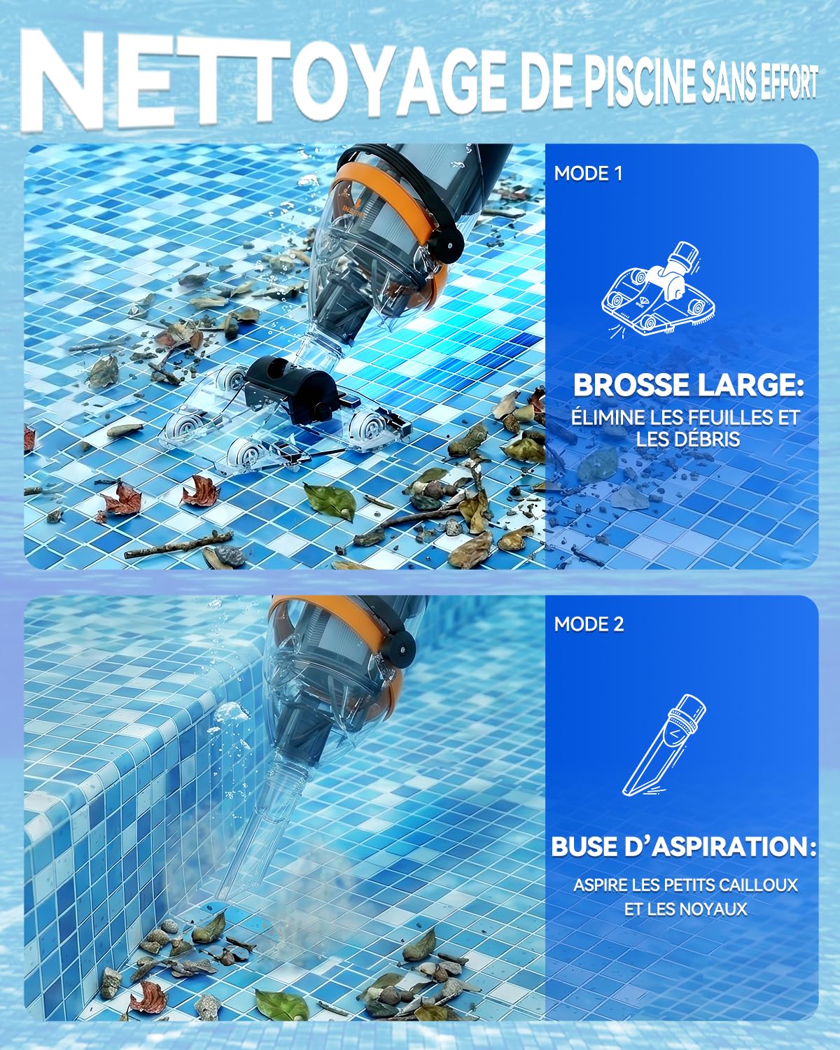Aspirateur de Piscine sans Fil avec Télécommande sans Fil, Aspirateur Piscine Hors Sol 4200 L/H, 75 Min d'Autonomie, Bac Rigide, Longueur Maximale 235 cm, Adapté aux Piscines et Spas