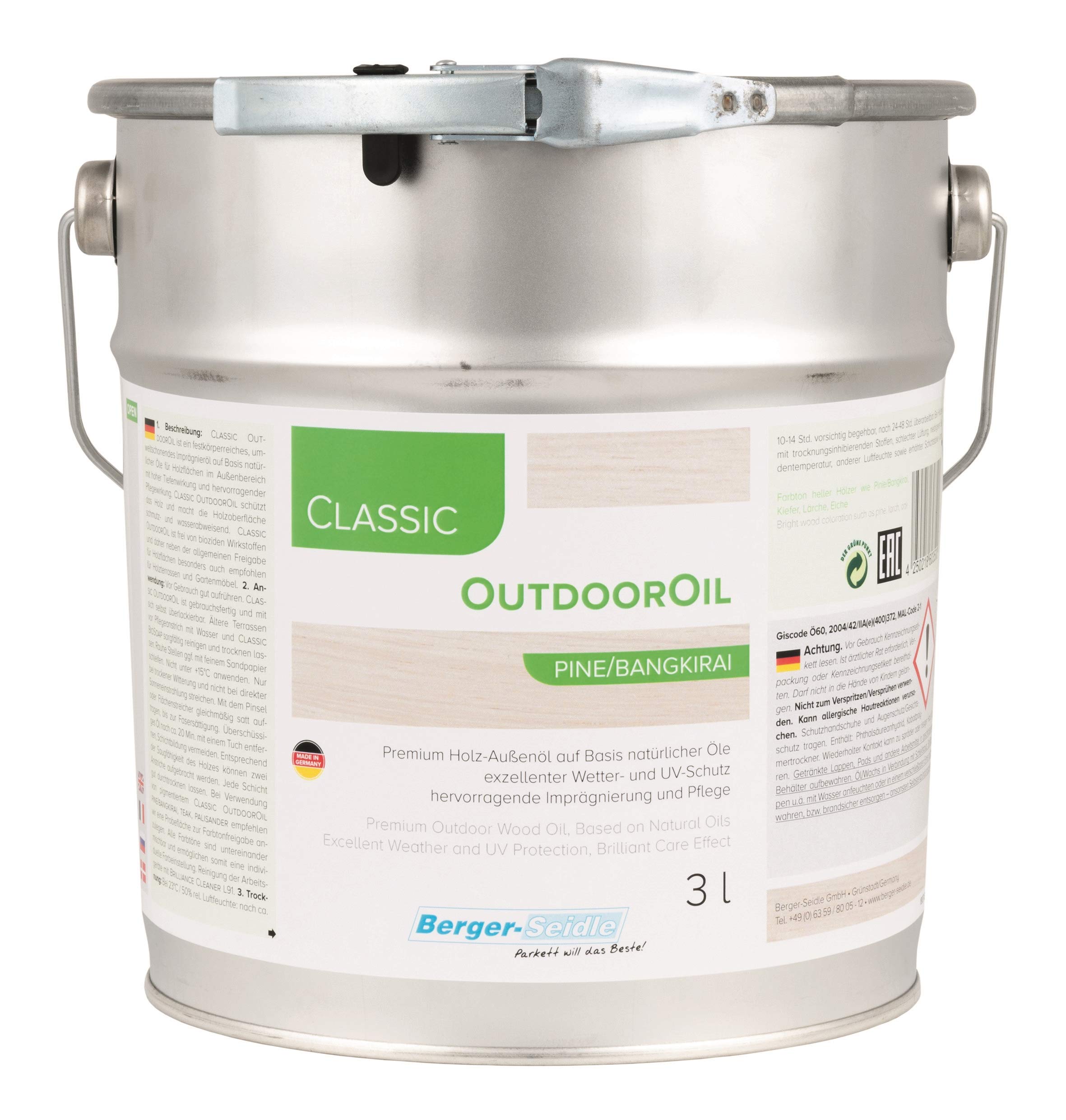 Palatina Werkstatt ® | Berger-Seidle Outdoor Oil | Impregnación profunda para exterior | 1 o 3 litros | Protección de madera perfecta para la terraza o muebles de jardín (3 litros, pino / bankirai)