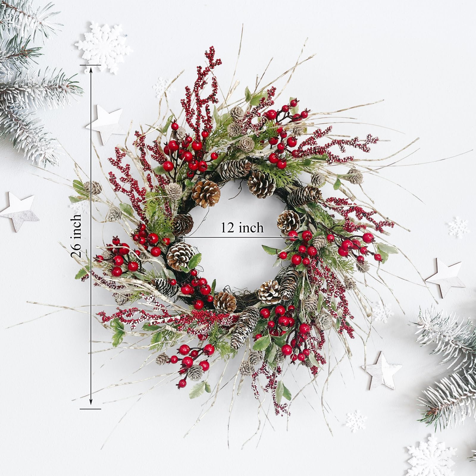 Corona de Navidad de Abedul Artificial de 24 Pulgadas con Conos de Pino Helado, Bayas y Hojas de Acebo, el Cedro Mejora la decoración de la Puerta Delantera para Todo el Invierno