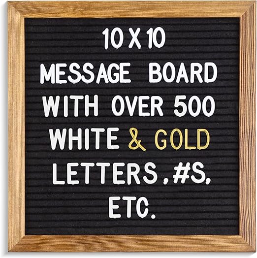 Real Wood Framed Felt Letter Board, Changeable Message Board, 10" x 10", Folding Stand and Wall Mount, 500+ Pieces of White & Gold Letters, Numbers, Words & Symbols, by Better Office Products (Rustic