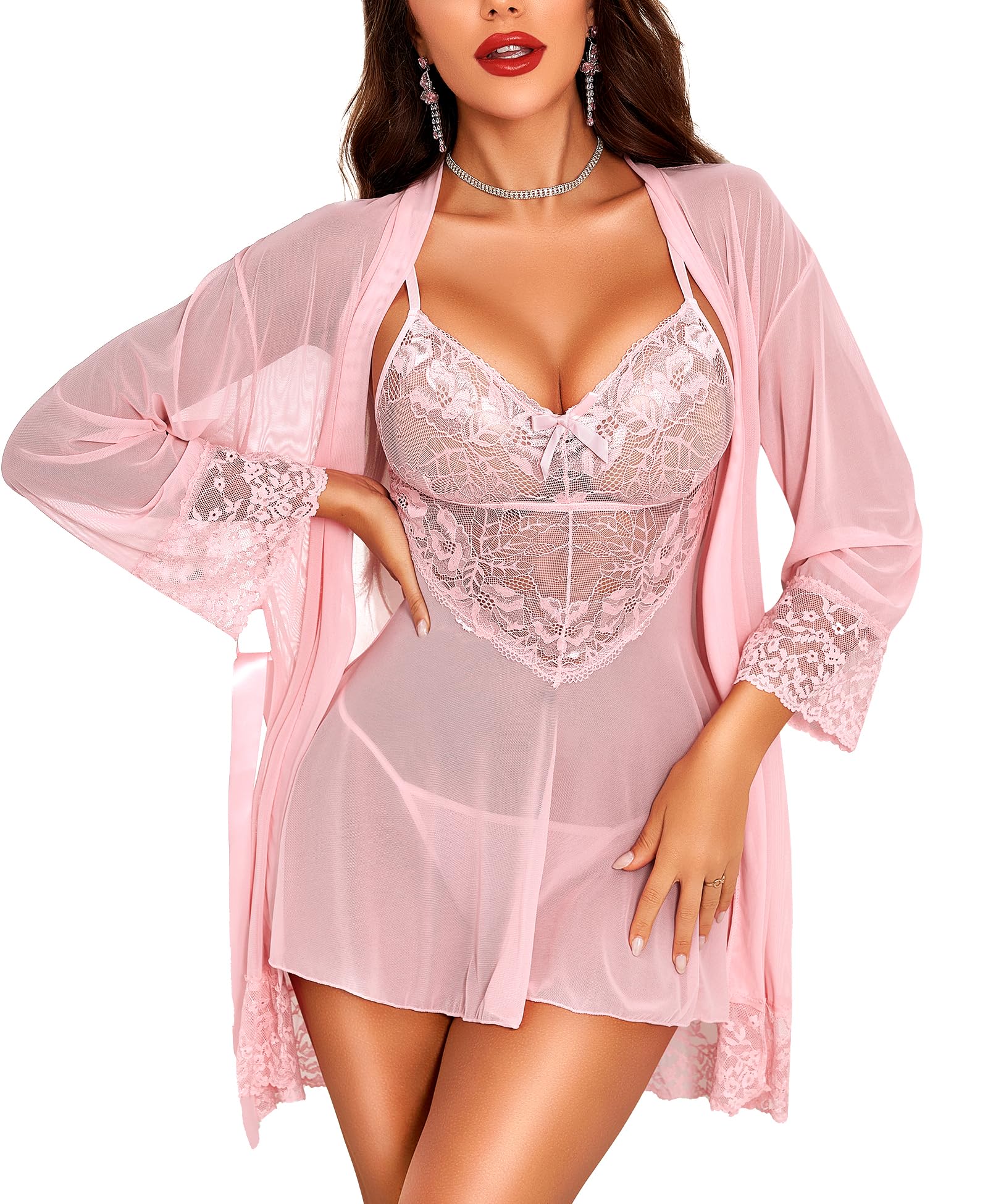 RSLOVE Women's Lace Lingerie Babydoll - Sexy Nightdress Robe Mesh Sleepwear Set Pink M