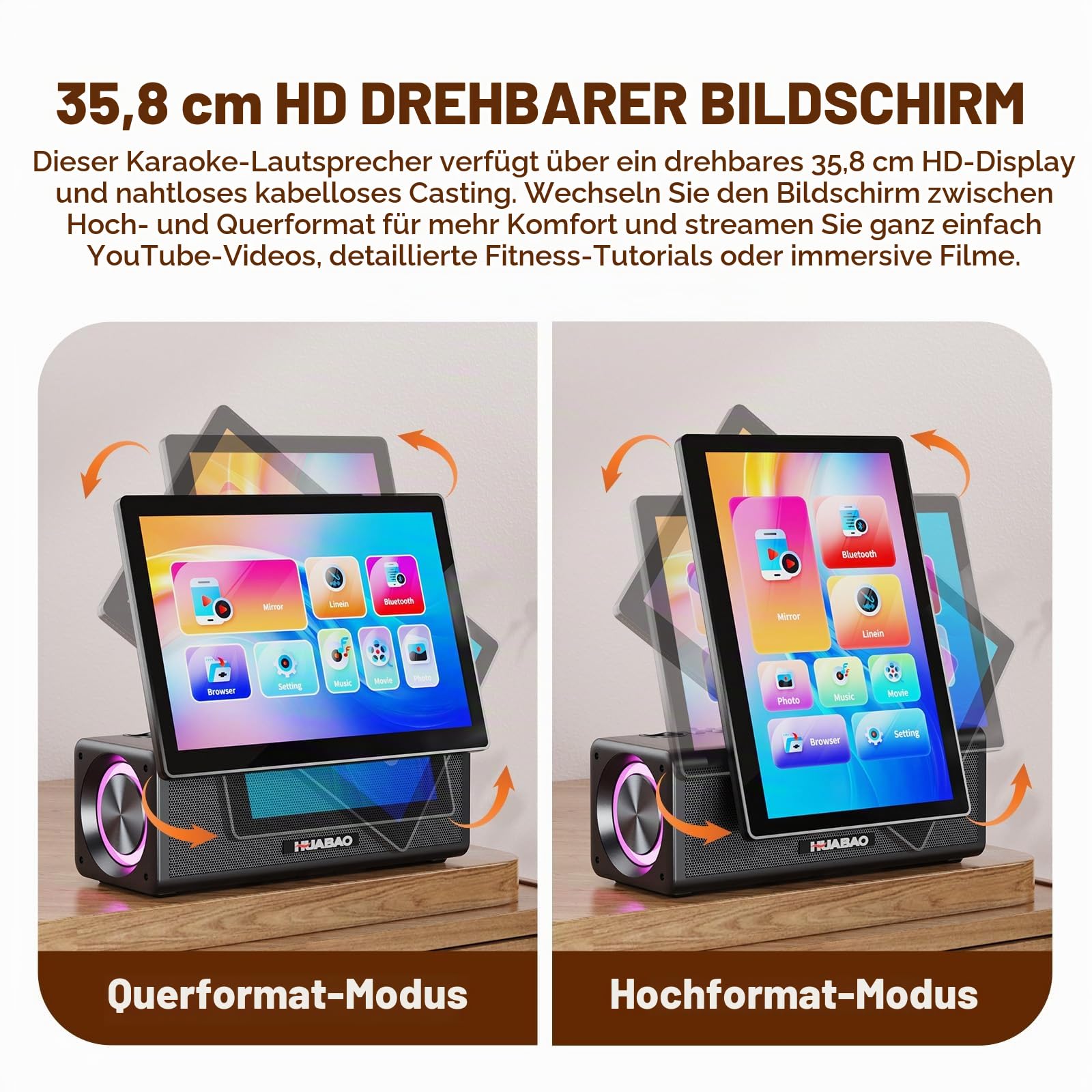 Tragbare Karaoke-Maschine mit 14,1-Zoll-HD-Drehbildschirm, kabelloser Bildschirmspiegelung für Android und iOS, Bluetooth-Party-Lautsprecher mit Liedtextanzeige und Beleuchtung, 2 Mikrofone