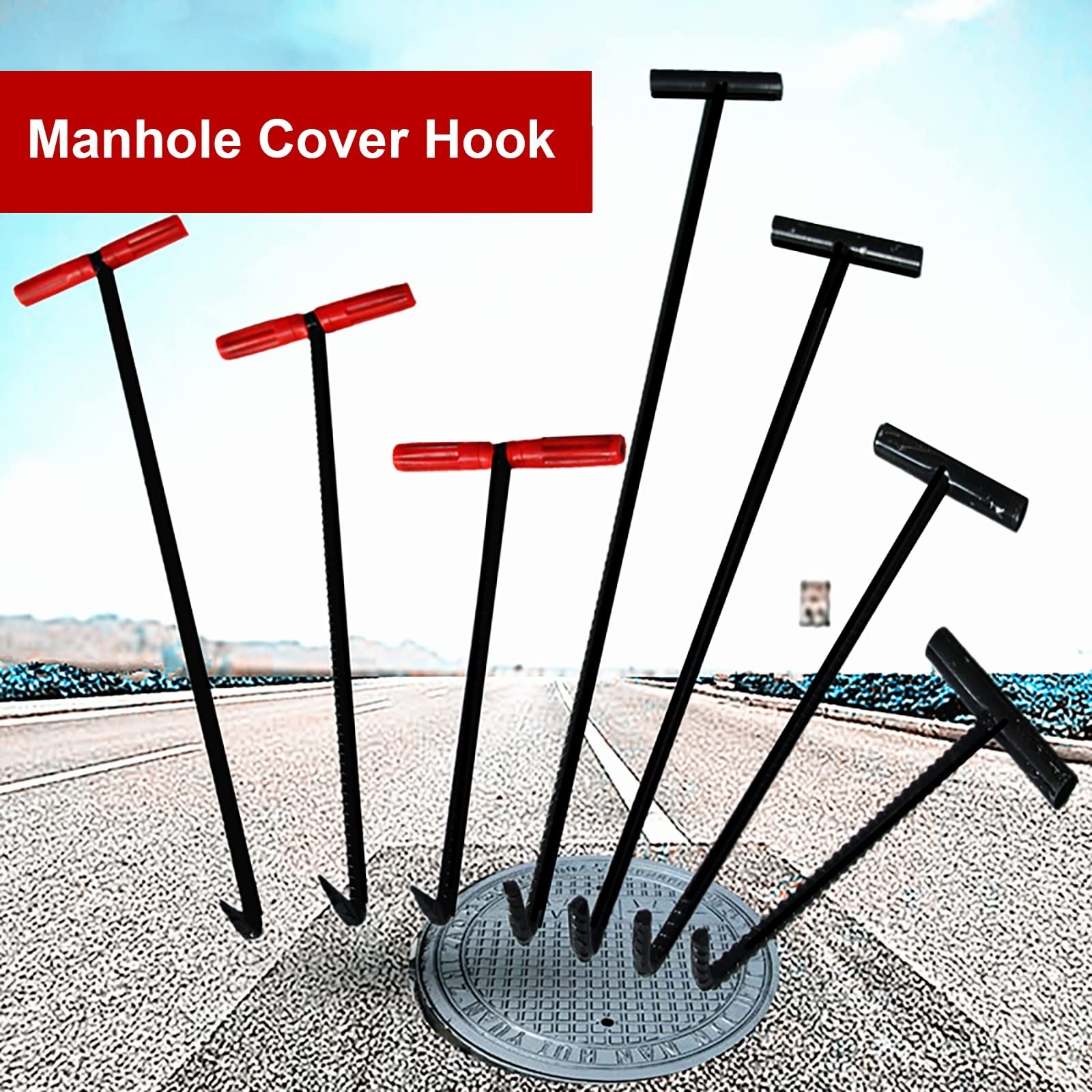 WDJBPSH 17 25 33 inch Lenght Manhole Cover Hook, Protable Steel Tool Lifter for Drain Cover/Grates/Shutter Doors, Lids Pullers with Red Handle (Color : ligjt Grey, Size : Length 45cm/17.7in)
