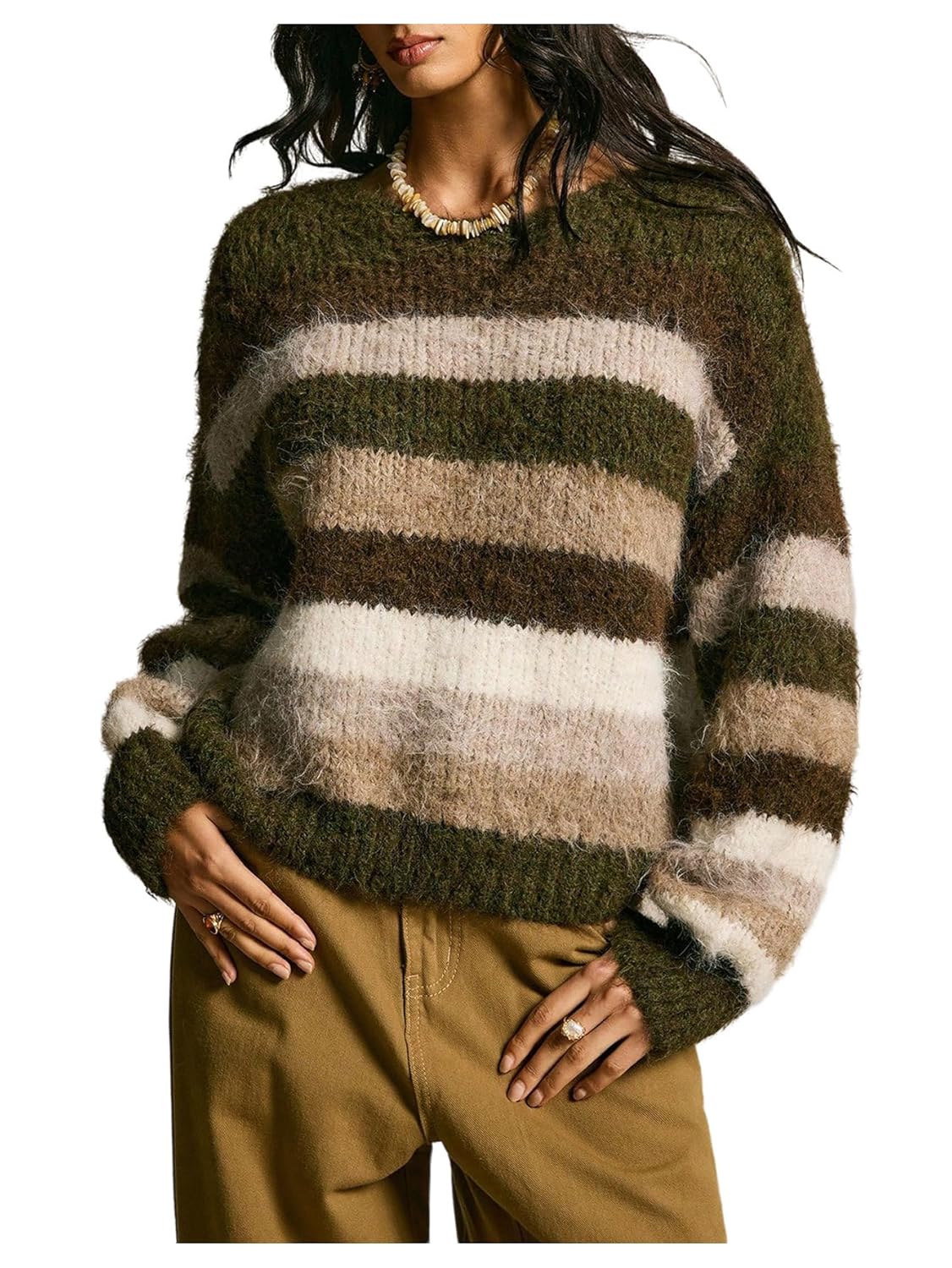 MakeMeChic Womens Striped Fuzzy Sweater Crew Neck Long Sleeve Vacation Winter Knitted Pullovers