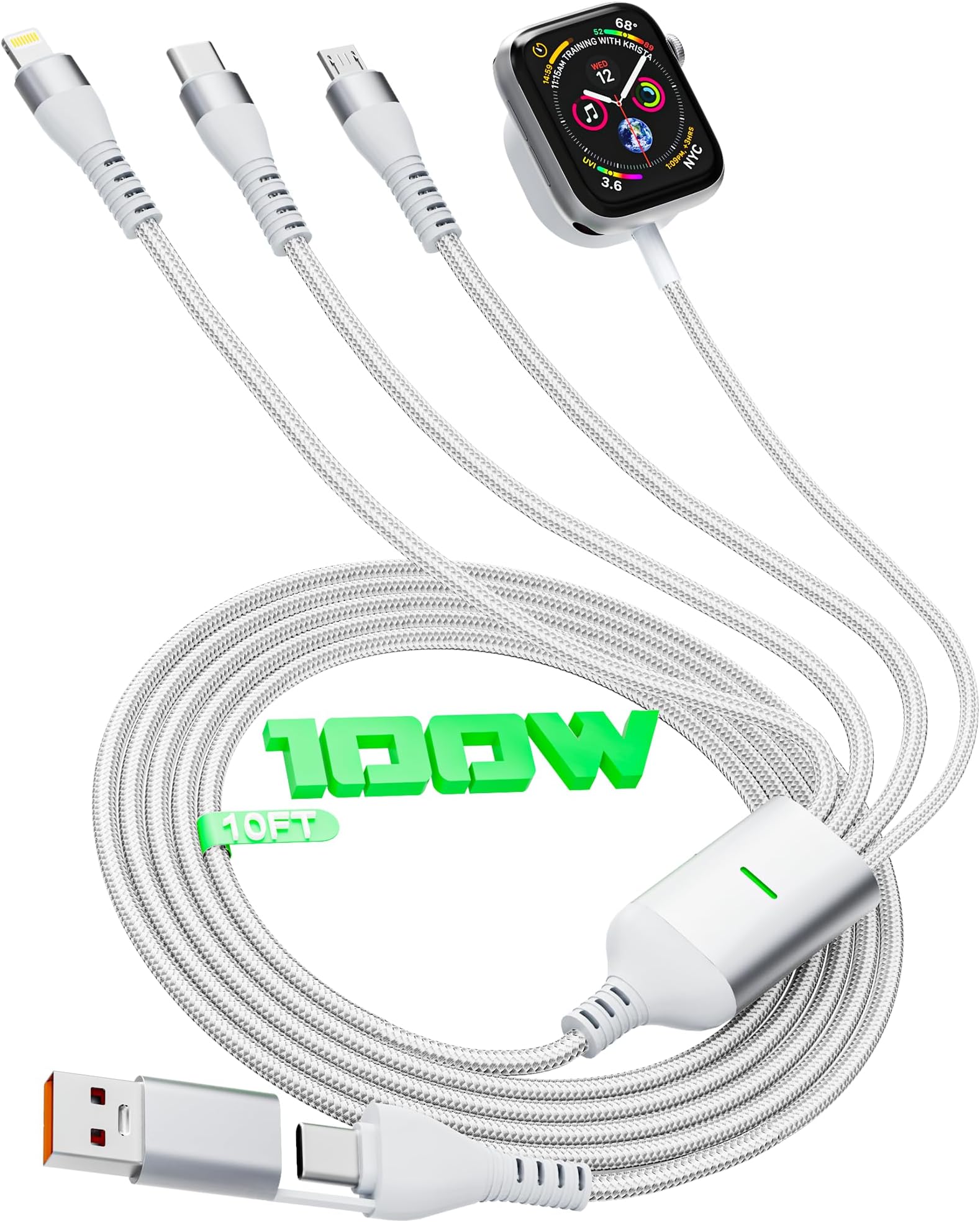100W Multi Charging Cable for Apple Watch Charger, 10FT 4 in 2 Universal Travel Charger Cord with Lightning/Micro/Type C/iWatch Charger for iPhone, iPad, Tablets, Apple Watch-White