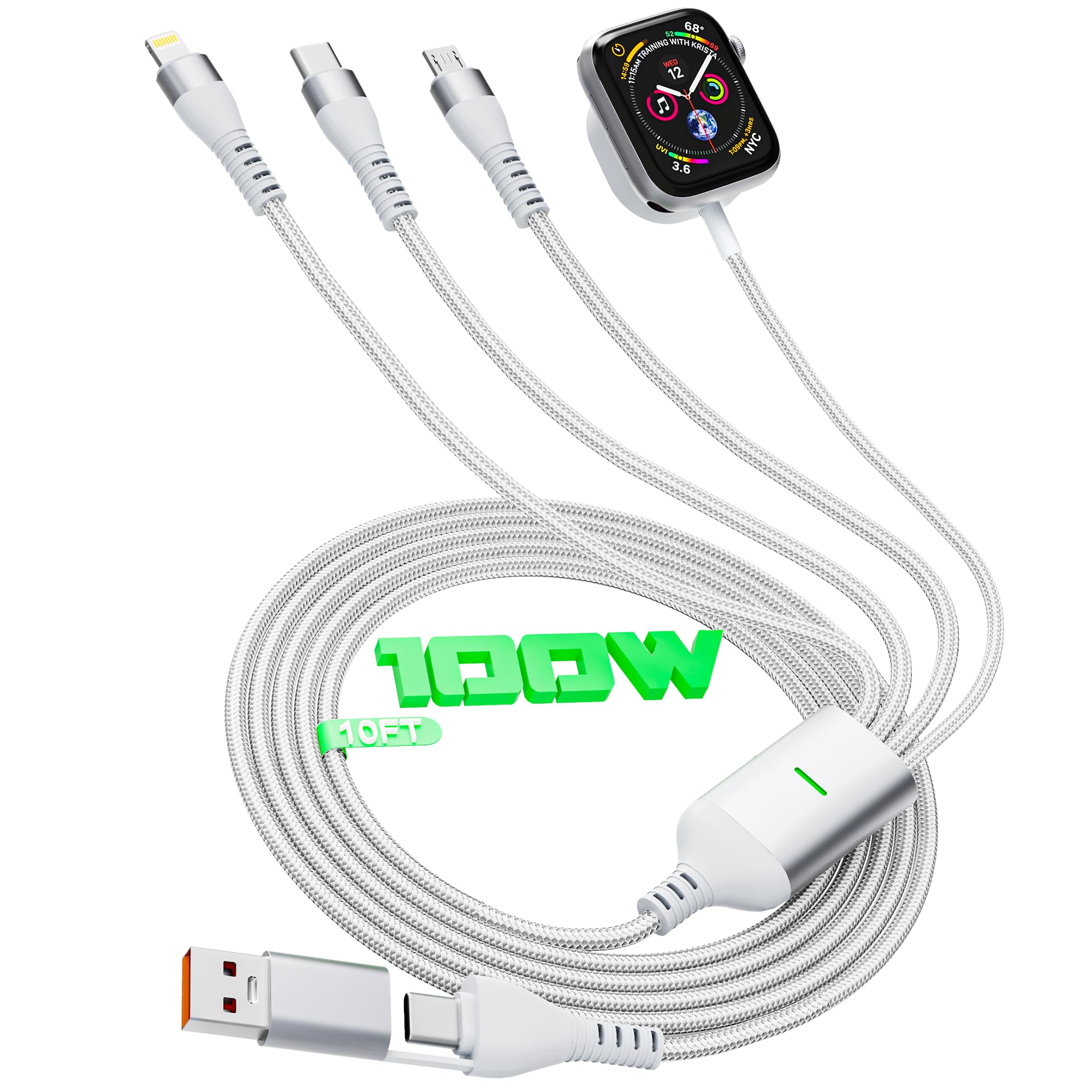 100W Multi Charging Cable for Apple Watch Charger, 10FT 4 in 2 Universal Travel Charger Cord with Lightning/Micro/Type C/iWatch Charger for iPhone, iPad, Tablets, Apple Watch-White