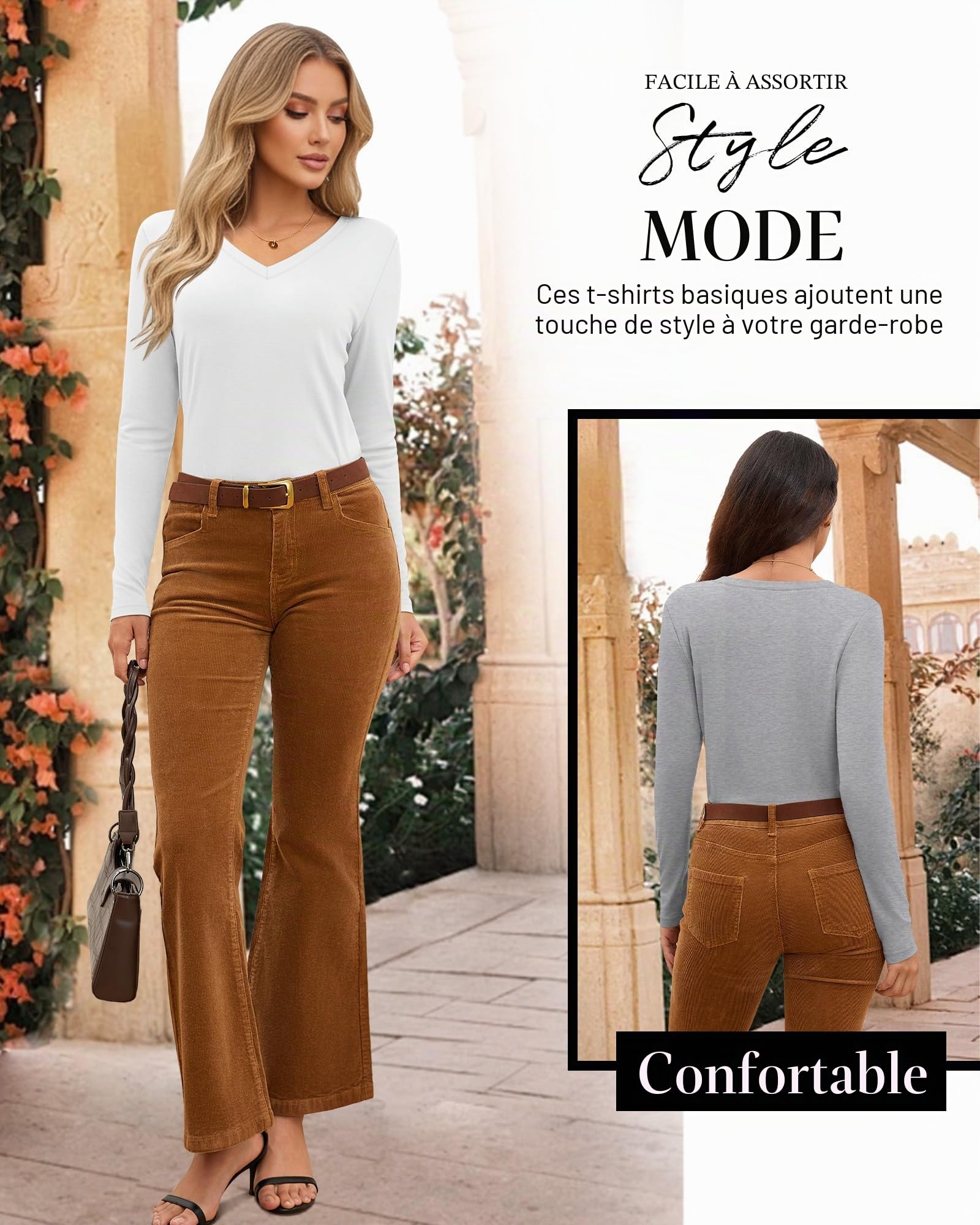 Neer Lot de 4 T-Shirts pour Femme, Col en V, Manches Longues, Décontractés, Coupe Ample, Basiques, à Superposer, Ourlet Droit | Chemises basiques à superposer - Coupe légèrement ample - Décontractée pour femme - Ourlet droit - Uni - Tissu doux