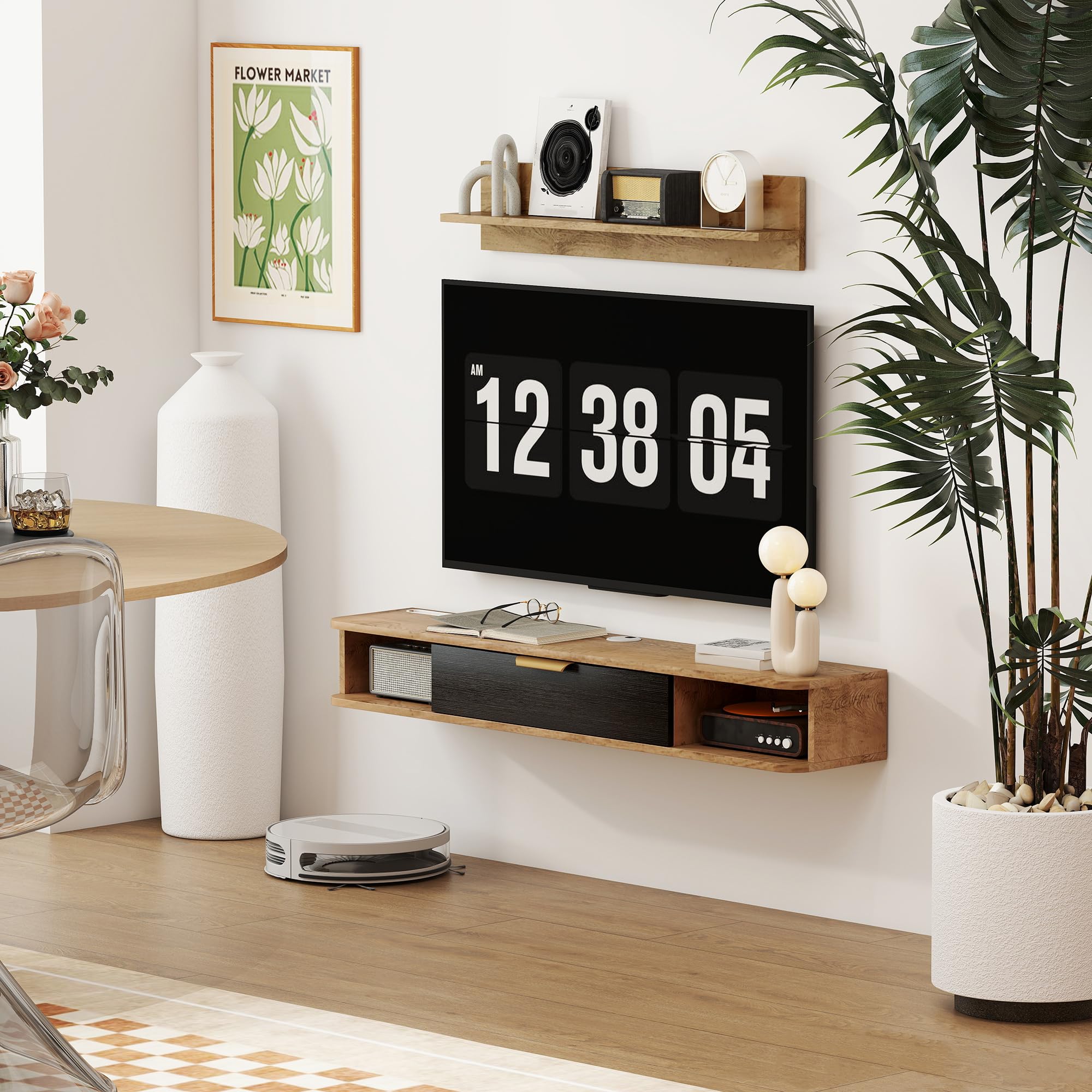 HOMCOM Ensemble de Meubles de Salon, Meuble TV avec étagère Murale, Porte, étagères Ouvertes, Trous pour câbles, pour télévision Murale, 120 x 24 x 16 cm, chêne
