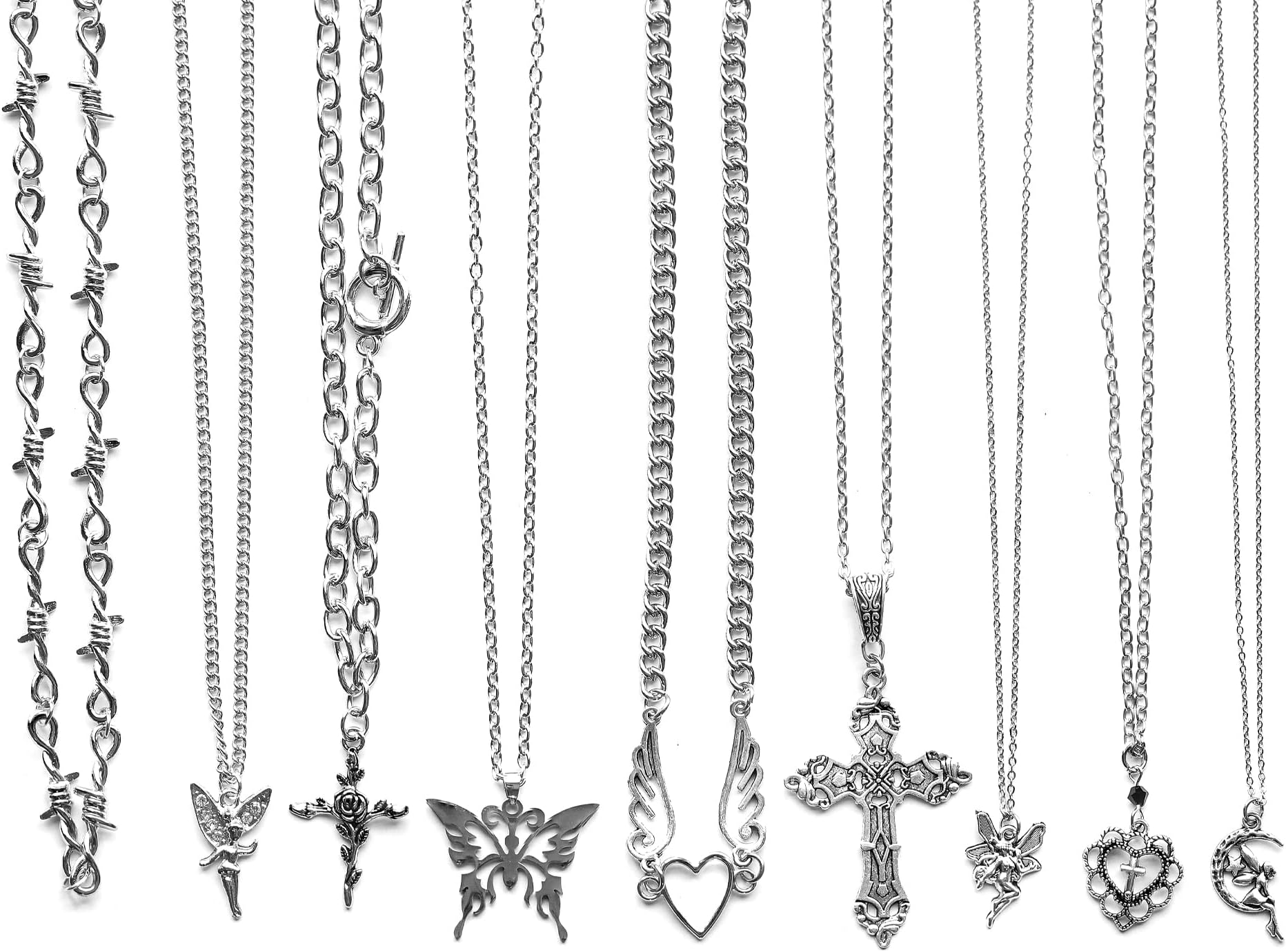 9 Pcs Grunge Necklace Set Goth Cross Fairy Thorns Gothic Angel Heart Feather Chain Choker Necklace for Women Teen Girls