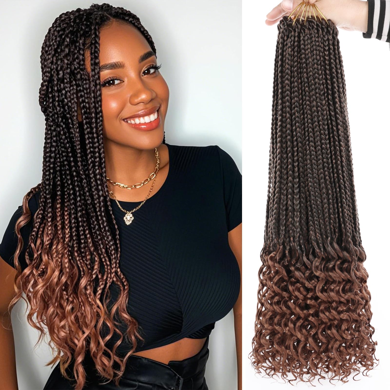 18 Inch Goddess Box Braids Crochet Hair with Curly Ends 8 Packs Pre-looped 3X Goddess Braids Hair Extensions Synthetic Bohemian Box Braiding Hair for
