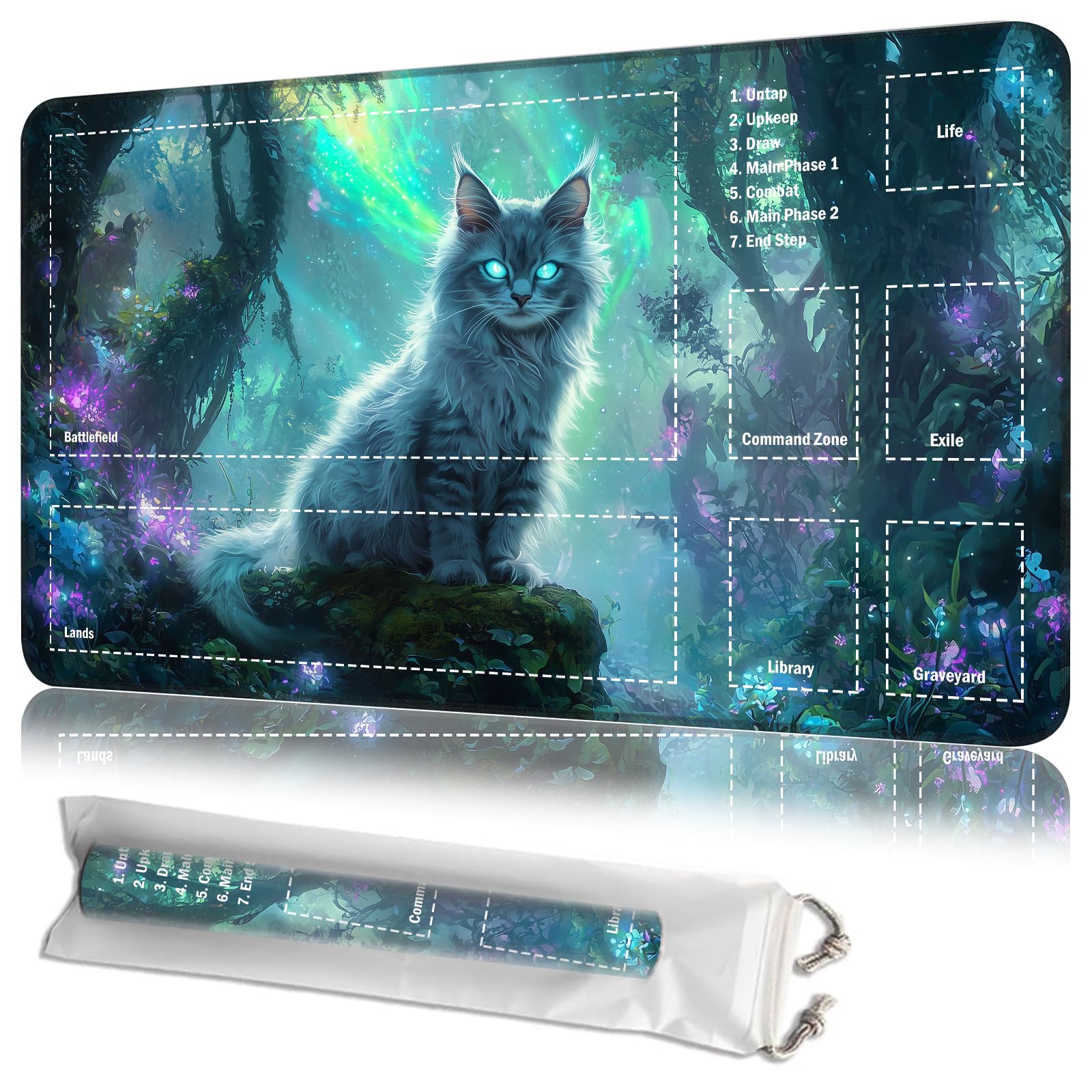 JANENFNA Playmat 24" x 14" with Magic Zones for MTG Card Game Playing, Board Game Mat for Card Breaking Commander Deck Gaming Card Game Battles Mat with Storage Bags, Mystical Cat Forest — image 1