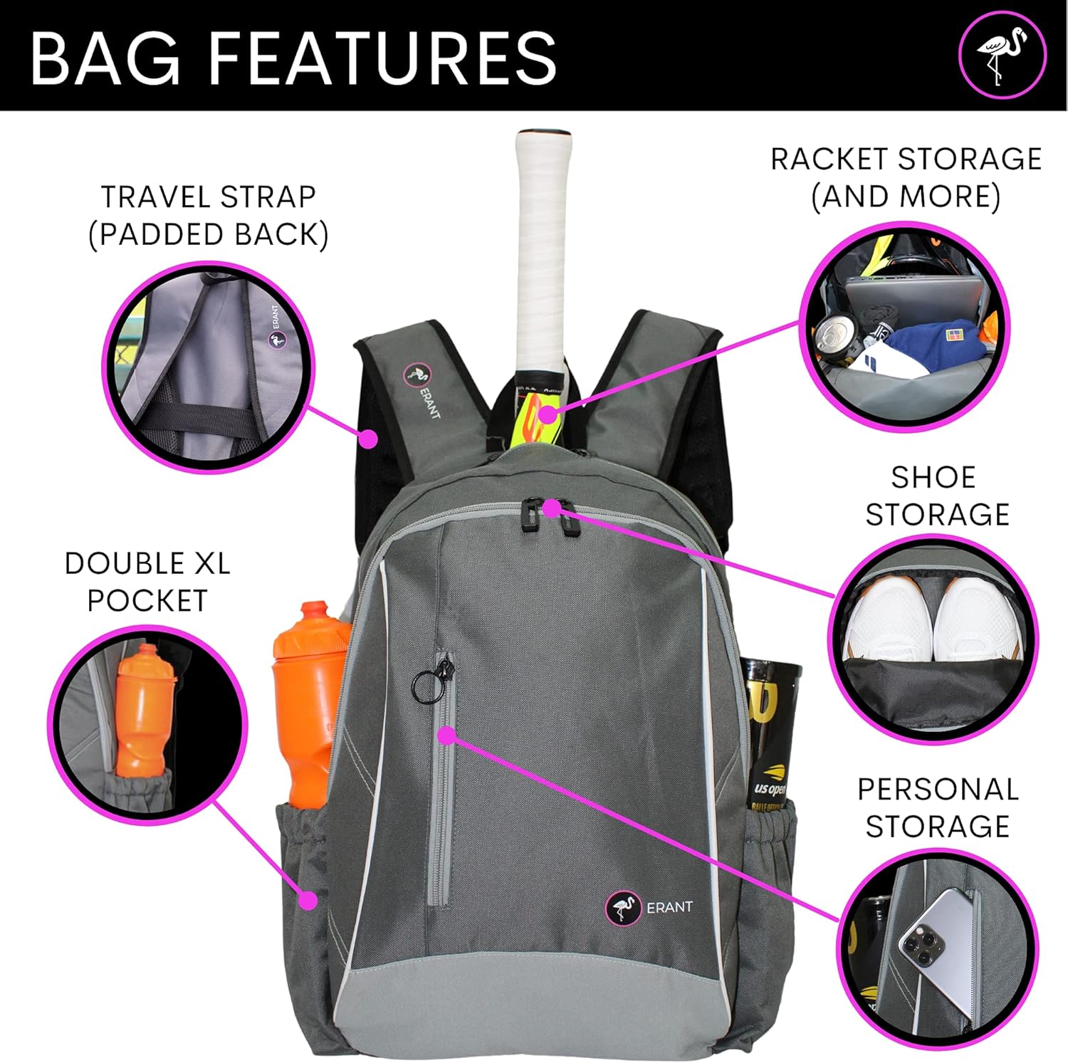 ERANT Tennis Backpack - Tennis Bag - Tennis Bags for Women - Tennis Bags - Tennis Racket Bag - Tennis Bags for Men - Tennis Backpack for Women - Tennis Backpack for Men – Tennis Racket Bags : Sports & Outdoors