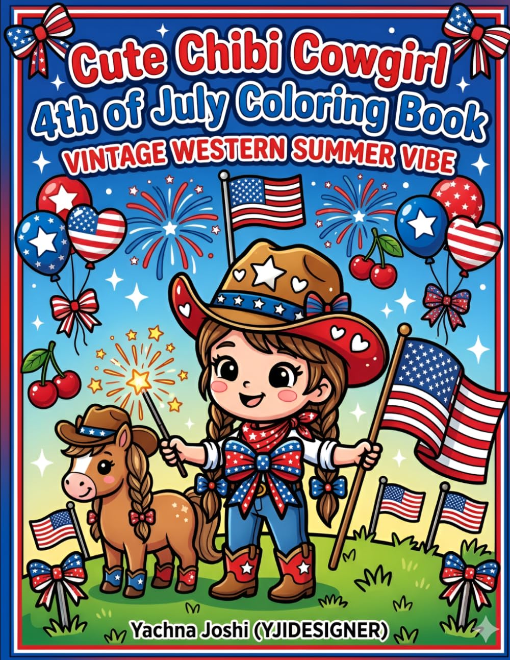 Cute Chibi Cowgirl 4th of July Coloring Book: Cozy Cottagecore Patriotic USA Coloring Pages