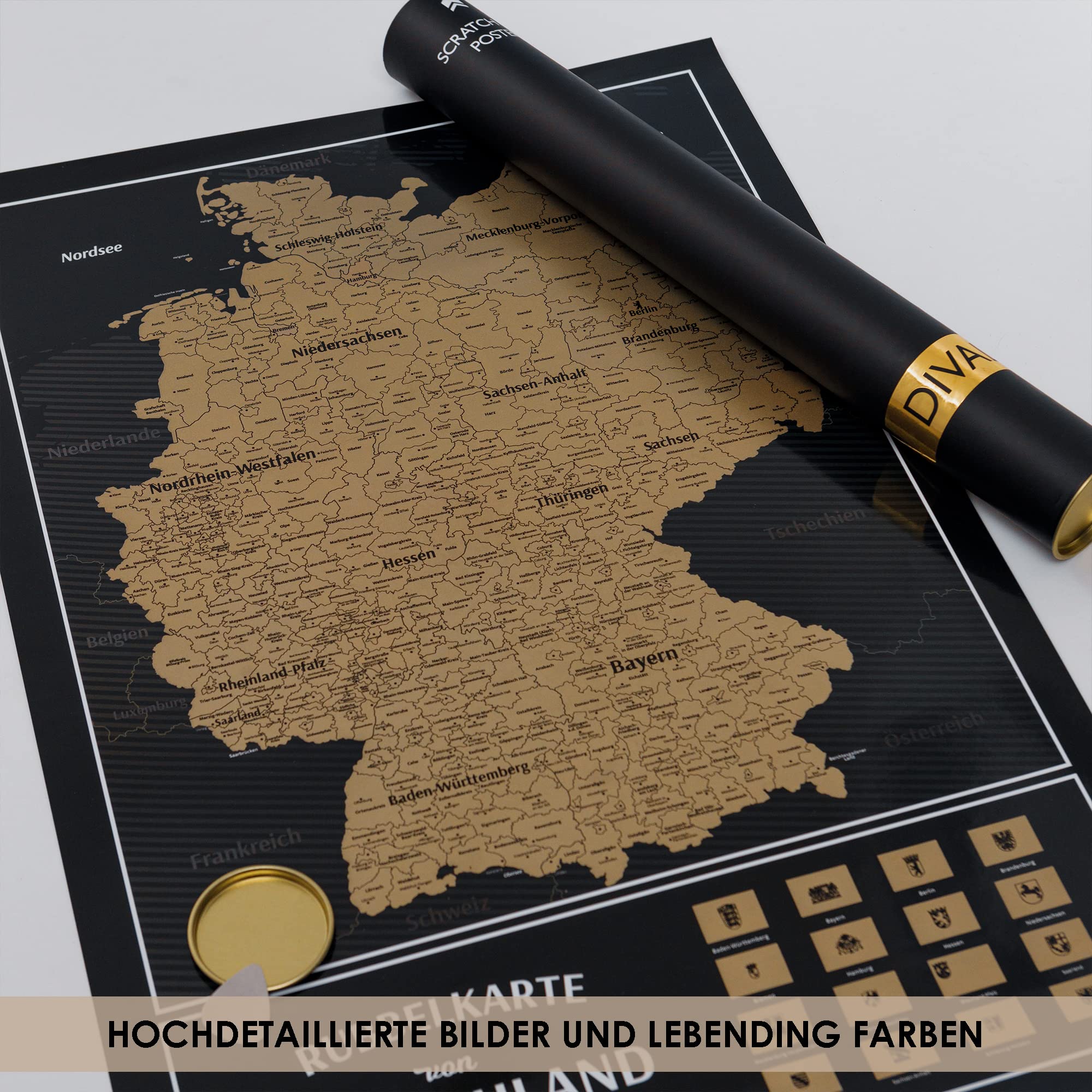 Rubbelkarte von Deutschland mit Kratzerset - Scratch off Germany Map Poster - Schwarz und Gold