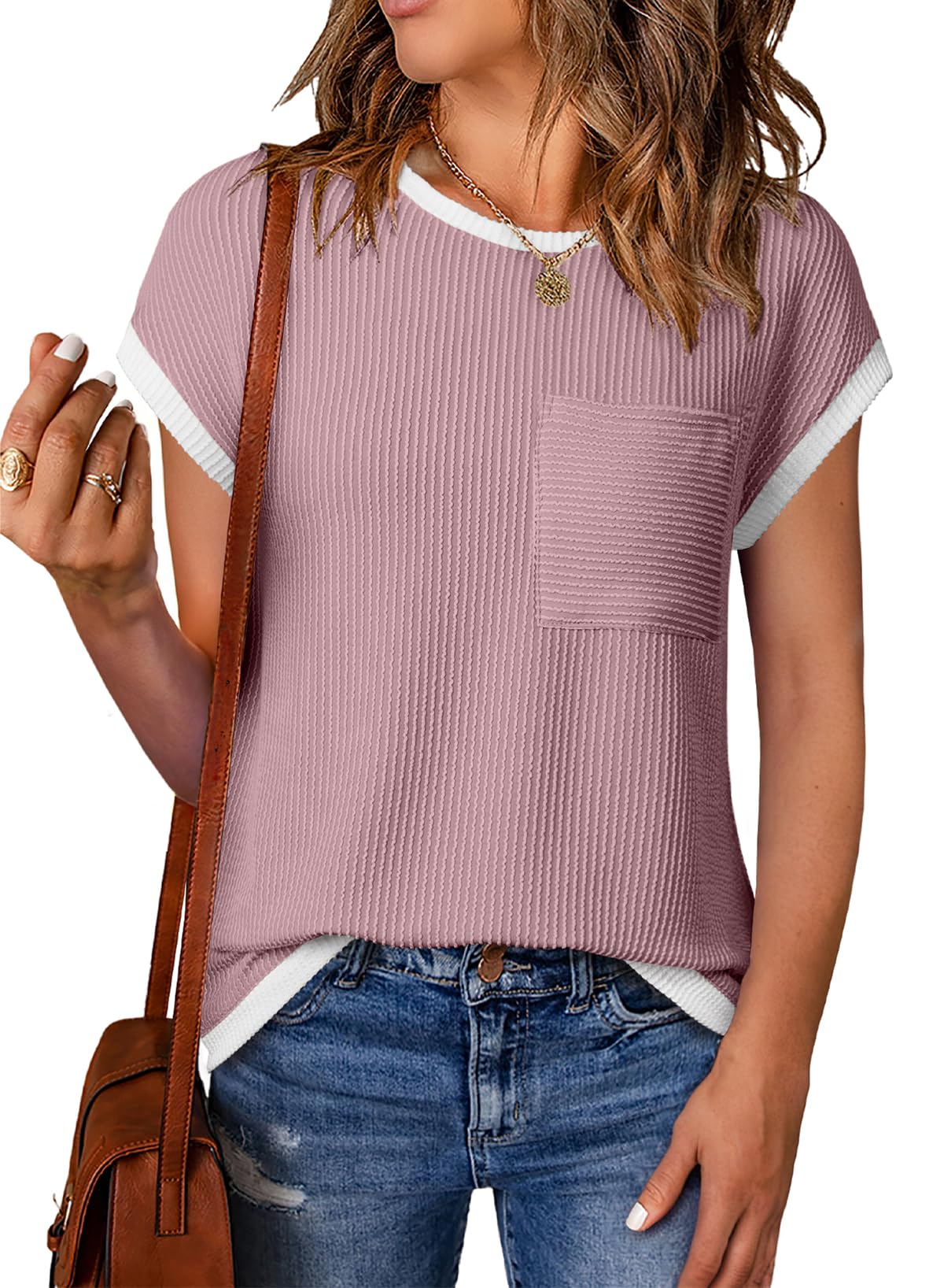 Photo 1 of EVALESS Womens Tops Casual Short Sleeve Crewneck Knit T Shirts Spring Trendy Ribbed Basic Tee Blouses with Pockets Ladies Purple Going Out Tops Summer Clothes Medium