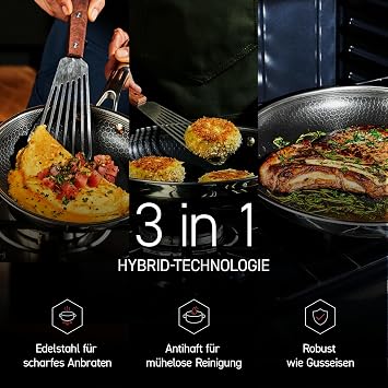 HexClad Hybrid Pan Set of 6 with Lids Stainless Steel Frying Pans (20 25 & 30 cm) with Honeycomb Structure Non-Stick Frying Pans for All Hobs Including Induction Oven and Dishwasher Safe