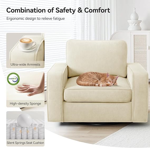 36.2 Wide Swivel Accent Chair - 360 Rotation Upholstered Modern Design Comfortable Cushioned Seating, Pillowback Glider Rocking Chair for Living Room, Bedroom, Nursery and Reading Nook, Beige