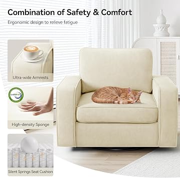 36.2 Wide Swivel Accent Chair - 360 Rotation Upholstered Modern Design Comfortable Cushioned Seating, Pillowback Glider Rocking Chair for Living Room, Bedroom, Nursery and Reading Nook, Beige