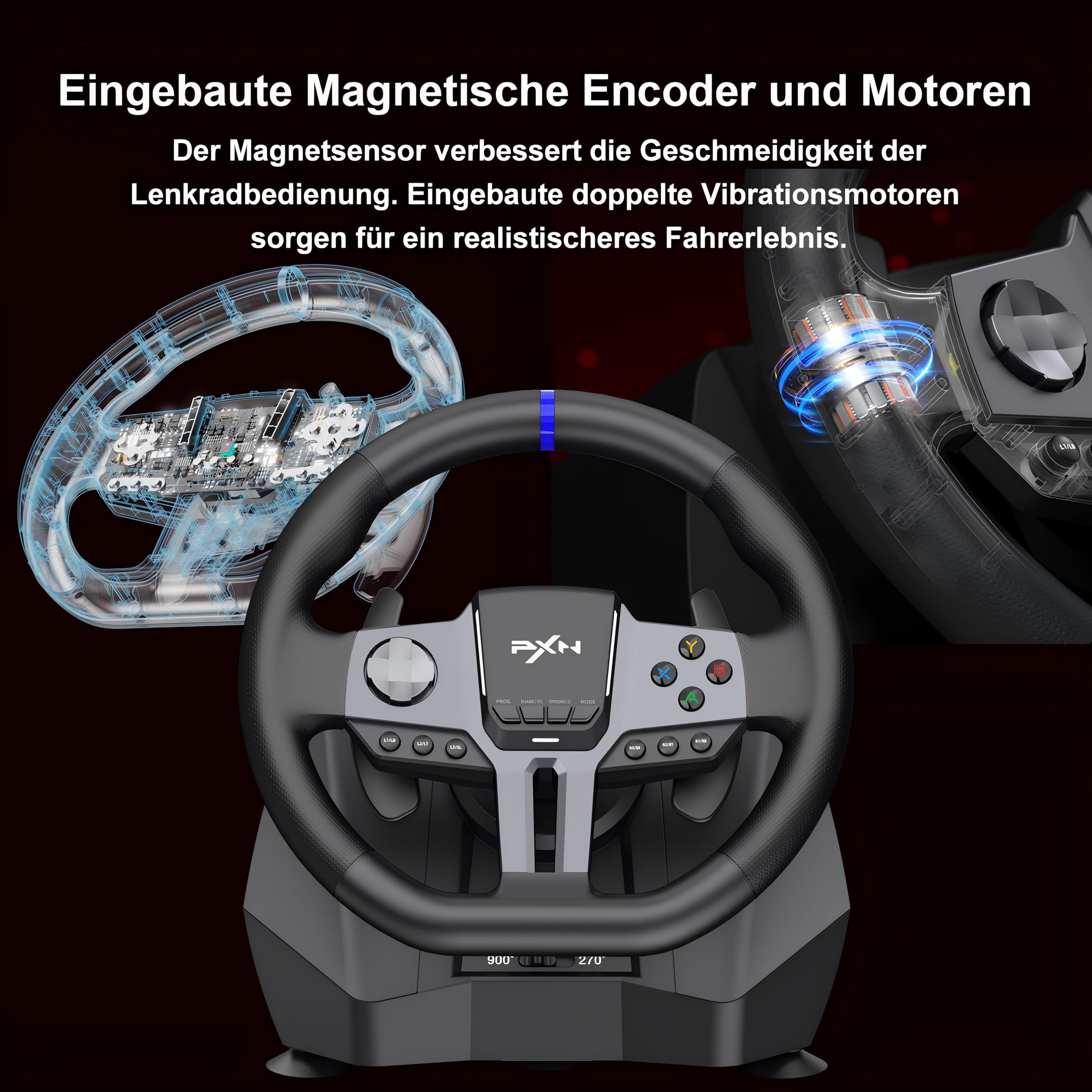 PXN V9 GEN2 Lenkrad PC mit Pedalen und Schaltung, Gaming Lenkrad mit Schaltwippen, Halleffekt-Pedal, 6+R-Schaltung, APP, Lenkrad for PS4, PS3, PC, Xbox Series X/S, Xbox One