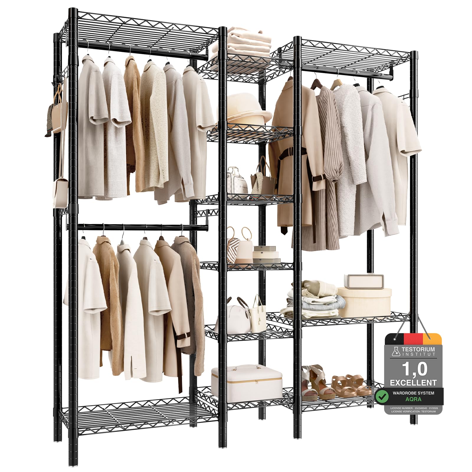 AQRA Clothes Rail for Bedroom, 372kg Heavy Duty Clothes Rail Hanger-Free Design, Open Wardrobe Metal for Hanging Clothes with Adjustable Shelves 4 Assembly Ways, Clothes Rack 144W×42D×193H (Black)