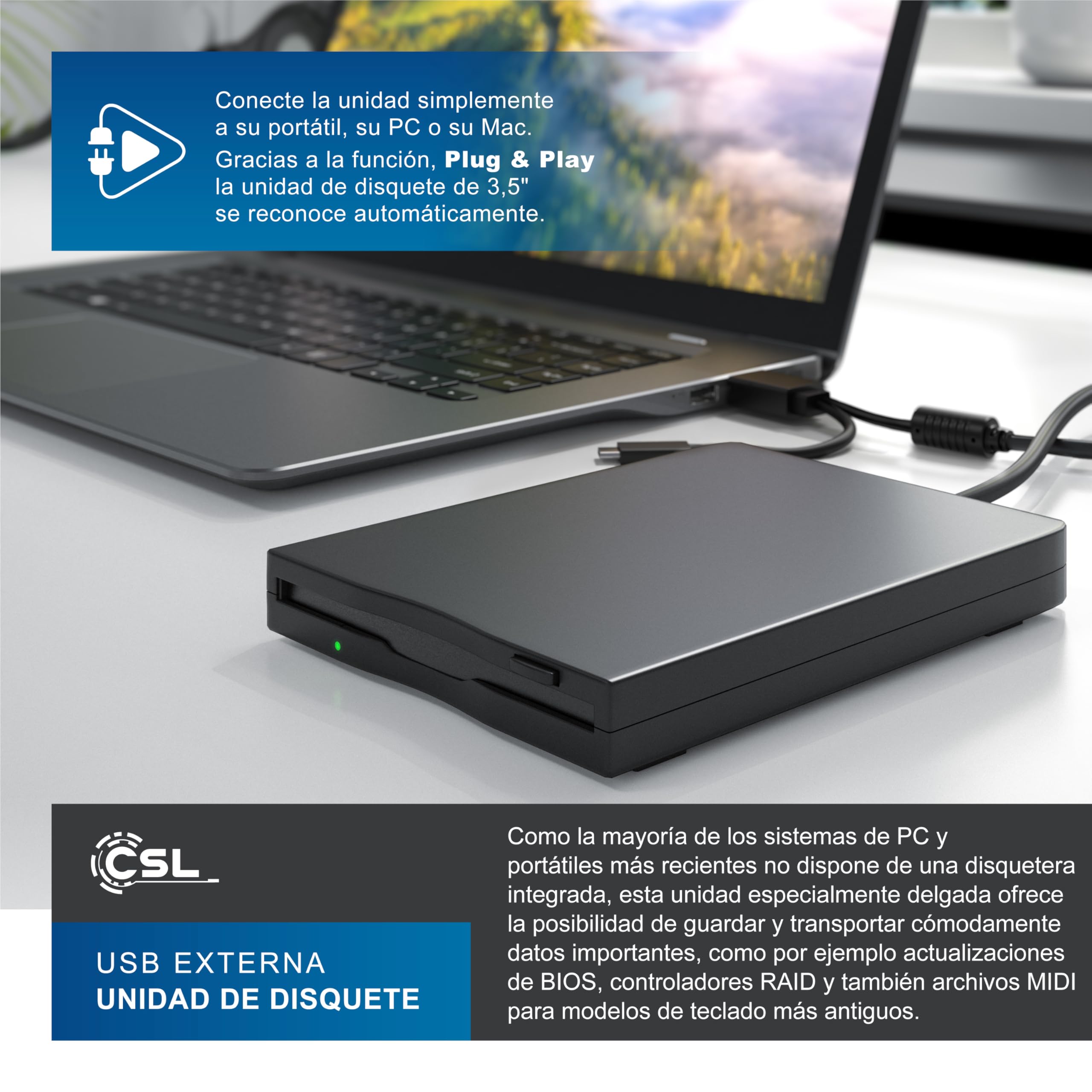 CSL - Disquetera Externa USB A y USB C - Unidad FDD 3,5 Pulgadas 1,44 MB - Lector de Disquetes Slim Portátil - Plug & Play - Compatible con PC/Portátil/Windows 11 y 10 – Negro