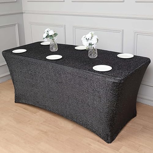 Miniatura 6 de Efavormart - Mantel rectangular ajustable de elastano de 6 pies, color negro metálico con purpurina