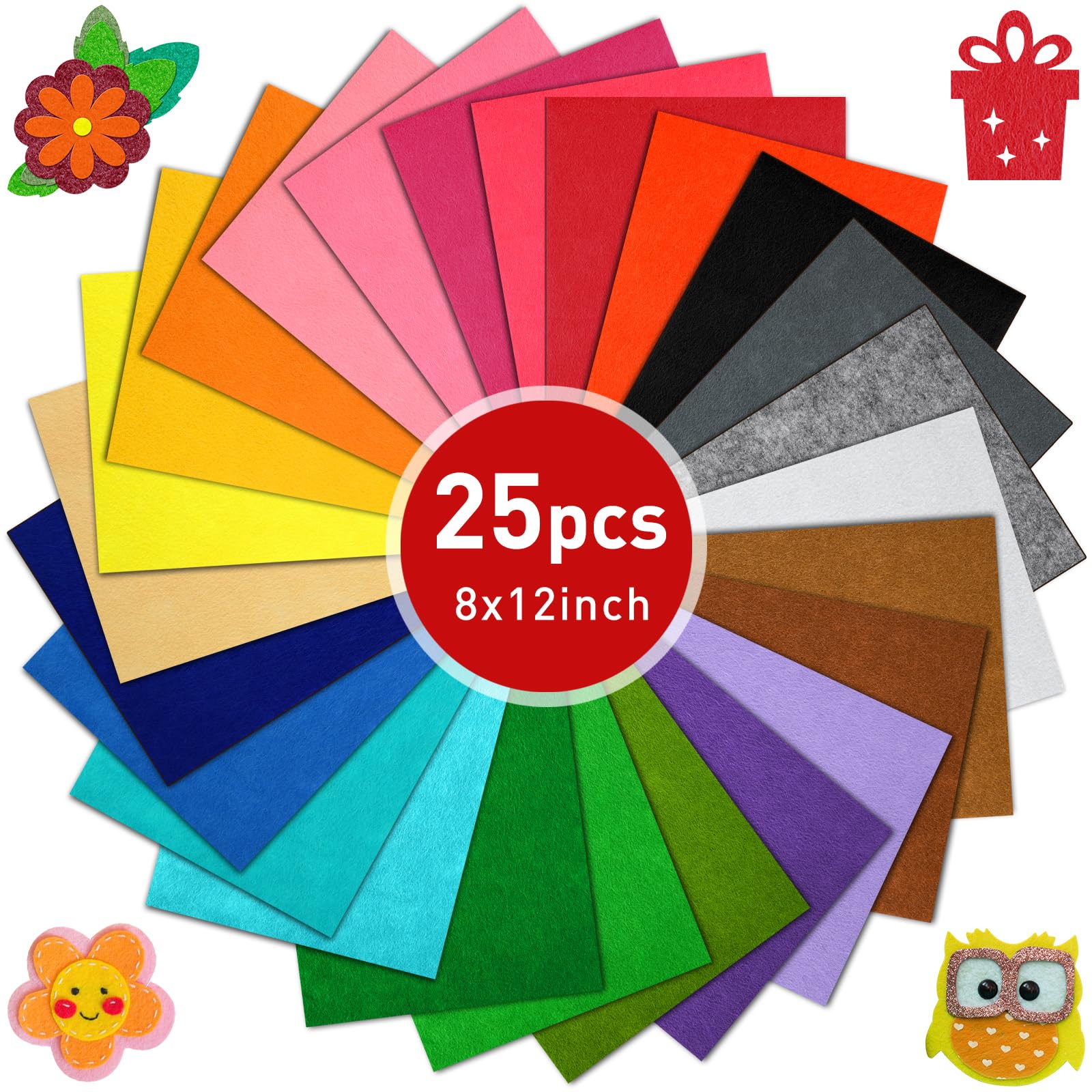 CHRORINE 25 Pcs Assorted Color Felt Fabric Sheets 8" x 12" Soft Felt Fabric Sheet for Crafts DIY Sewing Squares Nonwoven Patchwork (25 Colors)
