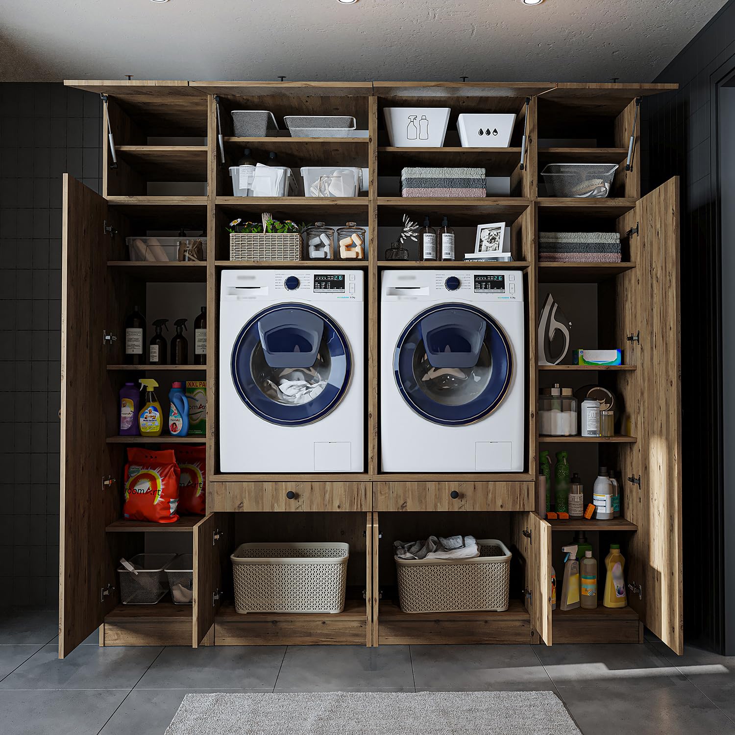 ROOMART Armoire murale pour buanderie et buanderie - 224 cm - Armoire haute avec planche coulissante - Meuble de conversion de machine à laver et étagère de rangement (chêne, V1 : 224 x 230 x 67 cm (l