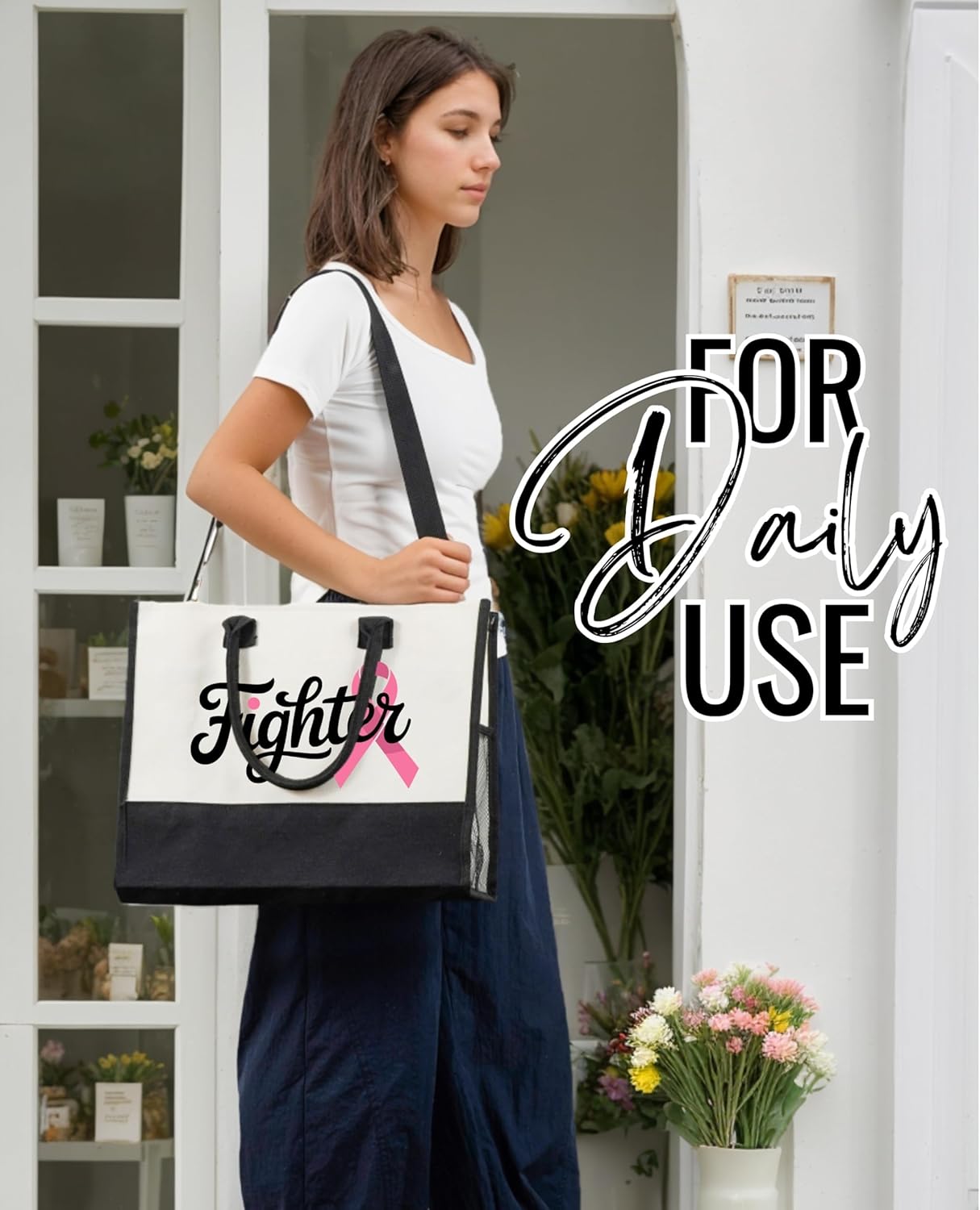 InnoBeta Breast Cancer Gifts for Woman, Tote Bag with Top Zipper Closure and Shoulder Strap, Perfect Gifts for Breast Cancer Survivors after Surgery, on Birthday, Thanksgiving, Christmas