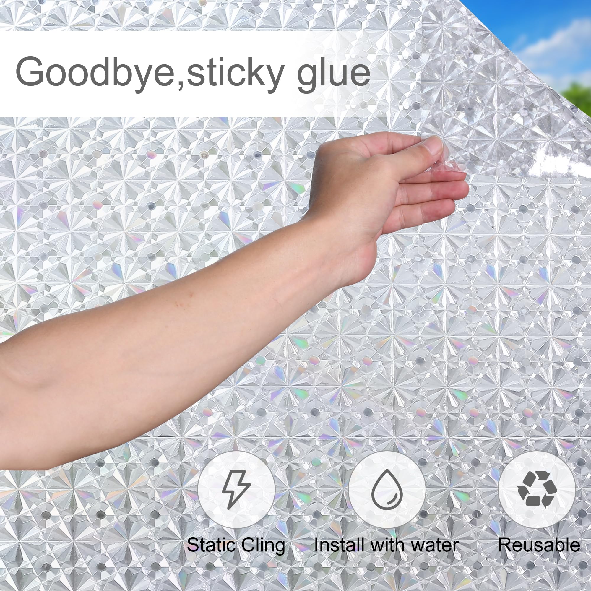 Mangobox Window Privacy Film Non Adhesive 3D Diamond Window Decal Sticker Static Cling Door Glass Covering Square Window Tinting for Home Kitchen Bathroom Office (Clear Diamond, 23.6x157.4 inches)