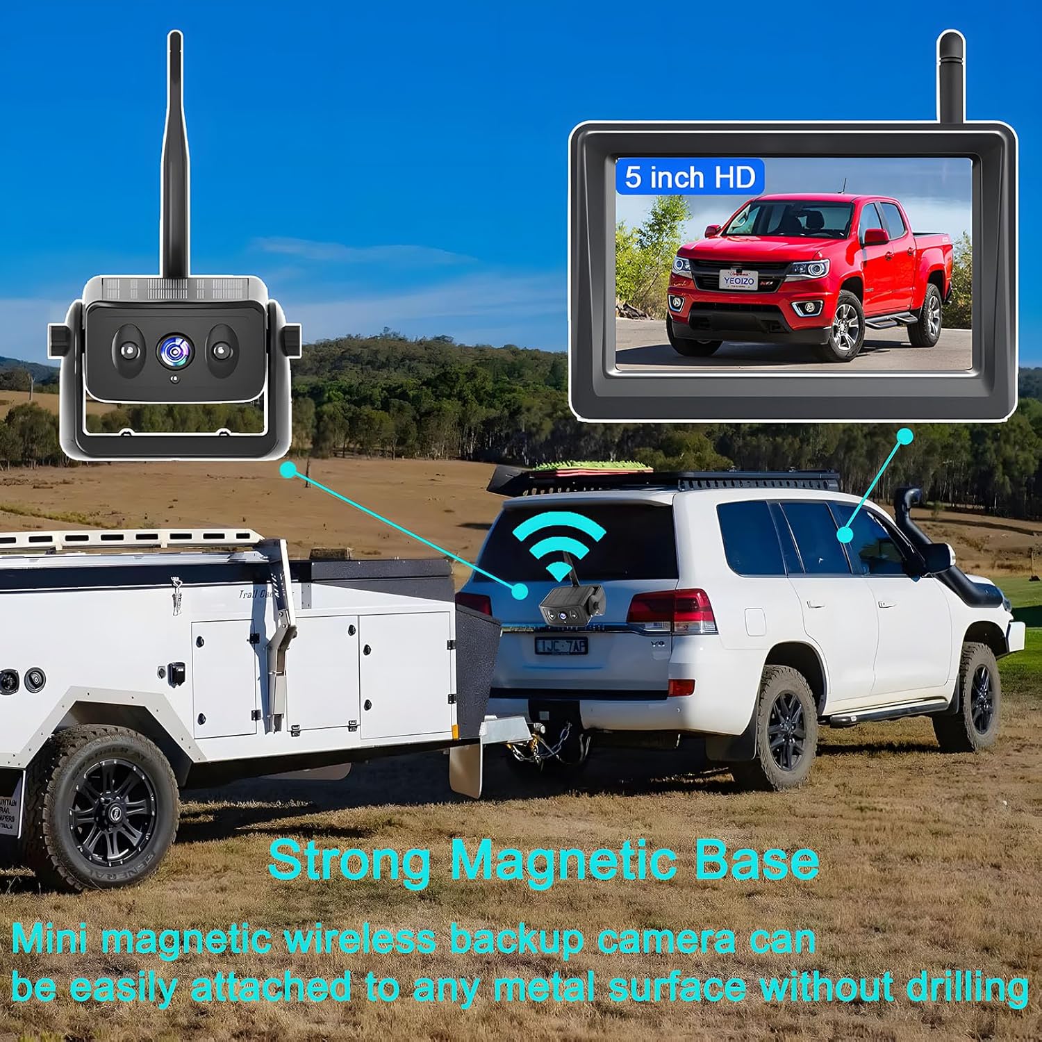Wireless Backup Camera for Trucks, Solar Magnetic, Portable, No - Drill, No - Wire, 3 Min Easy Install, Night Vision, Rechargeable with 5" HD Monitor Systems for Car, Small RV, Camper, Trailer