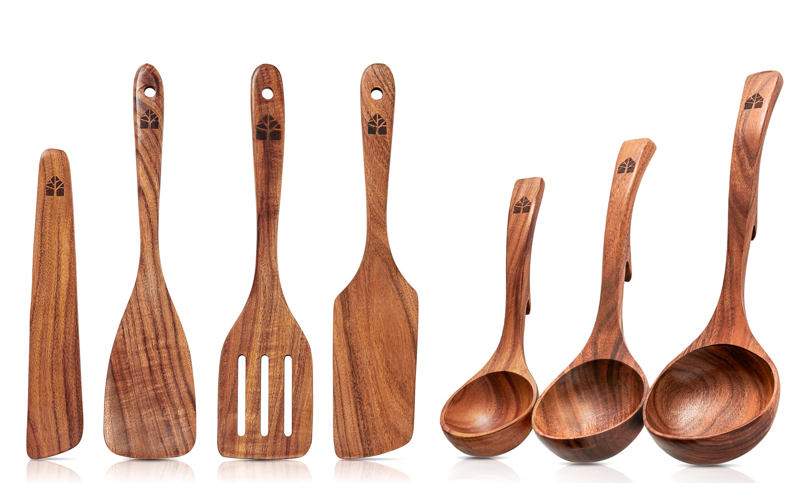 Holz Pfannenwender und Suppenkelle Holz Set - aus Teakholz, Küchenhelfer Küchenzubehör, Hochwertige & Nachhaltige Küchenutensilien