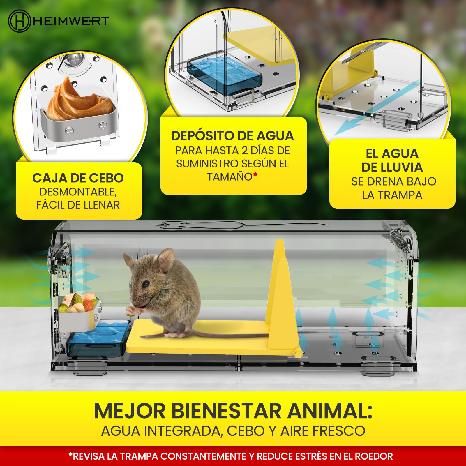 HEINWERT Trampa Para Ratones en Vivo con Depósito de Agua + Caja de Cebo para Ratones + Ventilación. Ratoneras para Ratones con Salida de Liberación Rápida sin Contacto. 2 Juegos de Cepos para Ratones