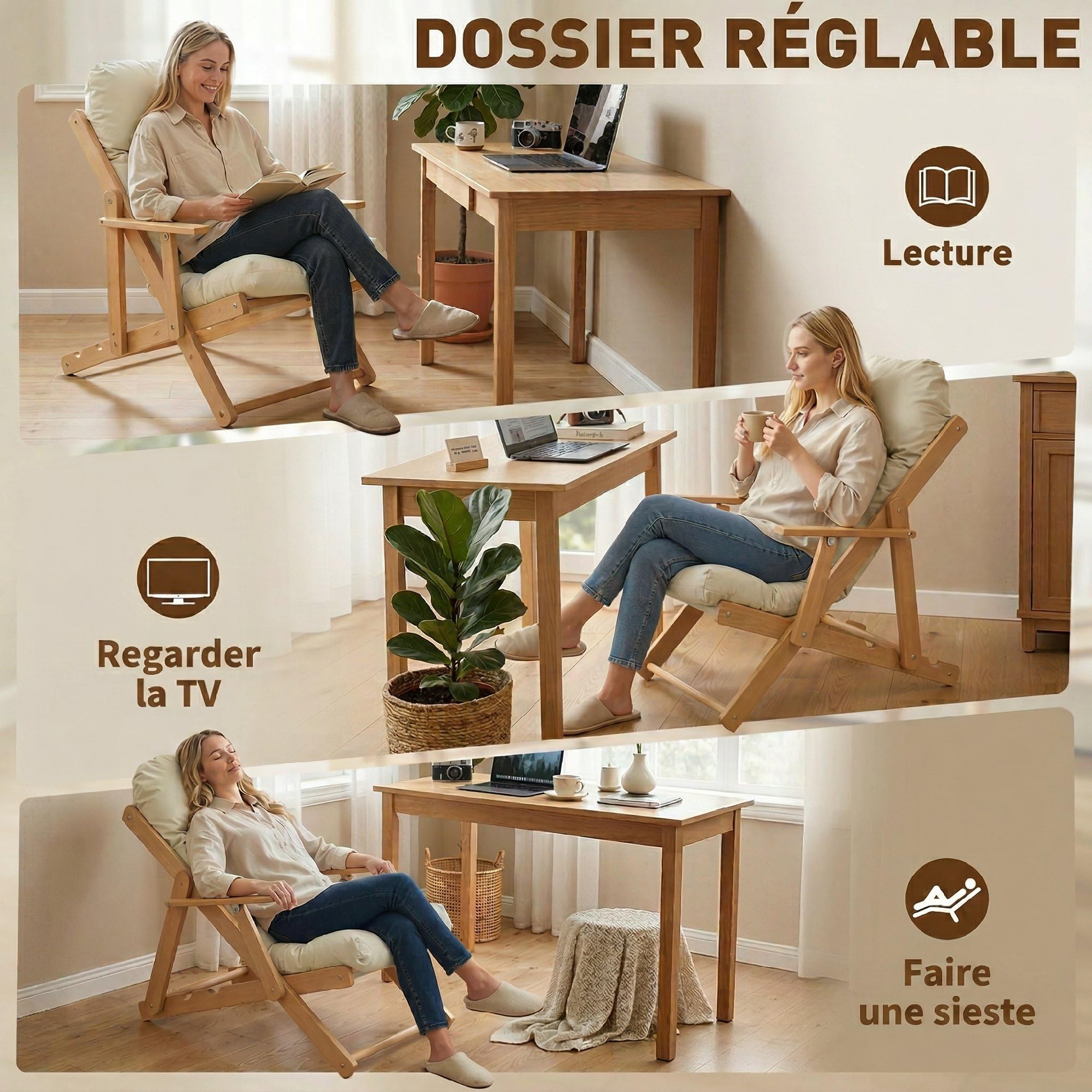 HOMCOM Fauteuil Chaise de Salon Pliable et inclinable en Bois Fauteuil Relax Confortable avec Coussin capitonné épais - 71 x 89 x 96 cm crème