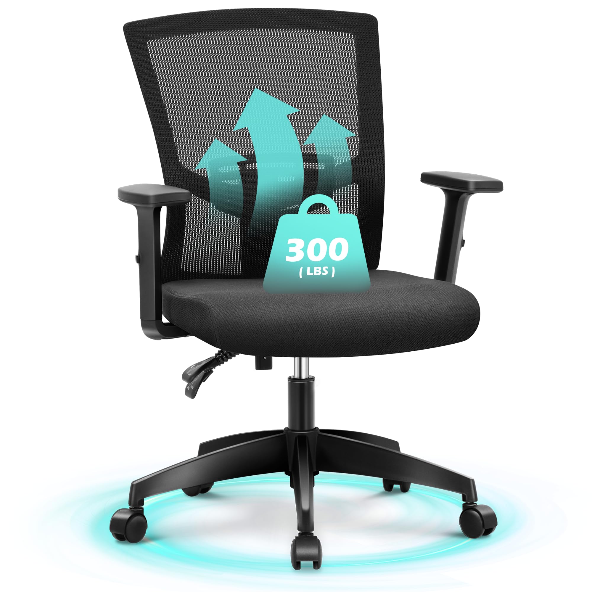 ALPHA HOME Office Chair Ergonomic, Mid Back Mesh Computer Chair with Lumbar Support Executive Stool with Adjustable Armrest & Seat Cushion, BIFMA &