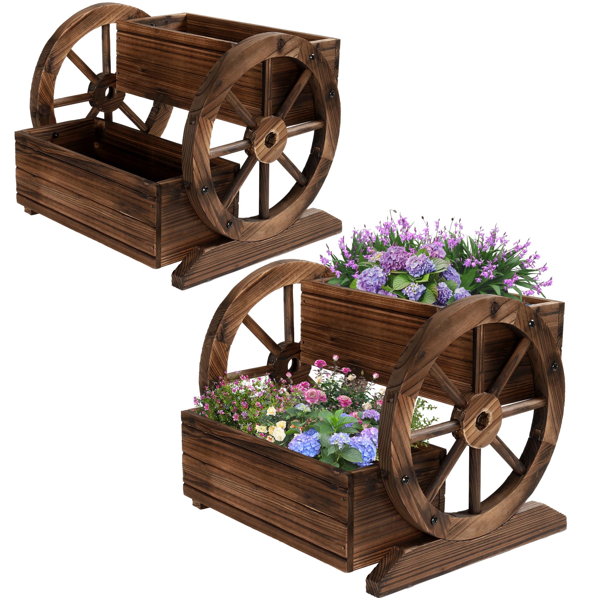 2PCS Wooden Wagon Planter Box, Garden Planter with Wheels,Decorative Flower Planter for Flowers Herbs Vegetables for Indoor & Outdoor Decor,Wooden Flower Cart for Patio Garden Balcony