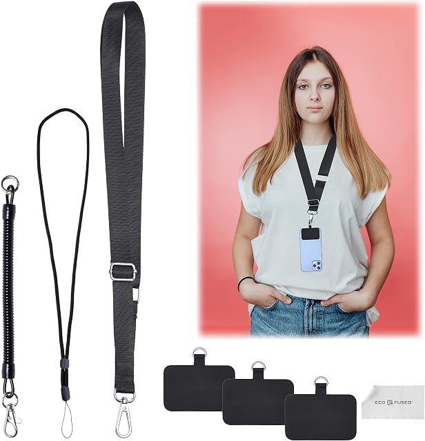 Eco-Fused Phone Straps - 3X Adjustable Neck, Wrist Strap and Stretchy Tether with Phone Pads - Universal Lanyards Holds All Smartphones with Full Coverage Cases
