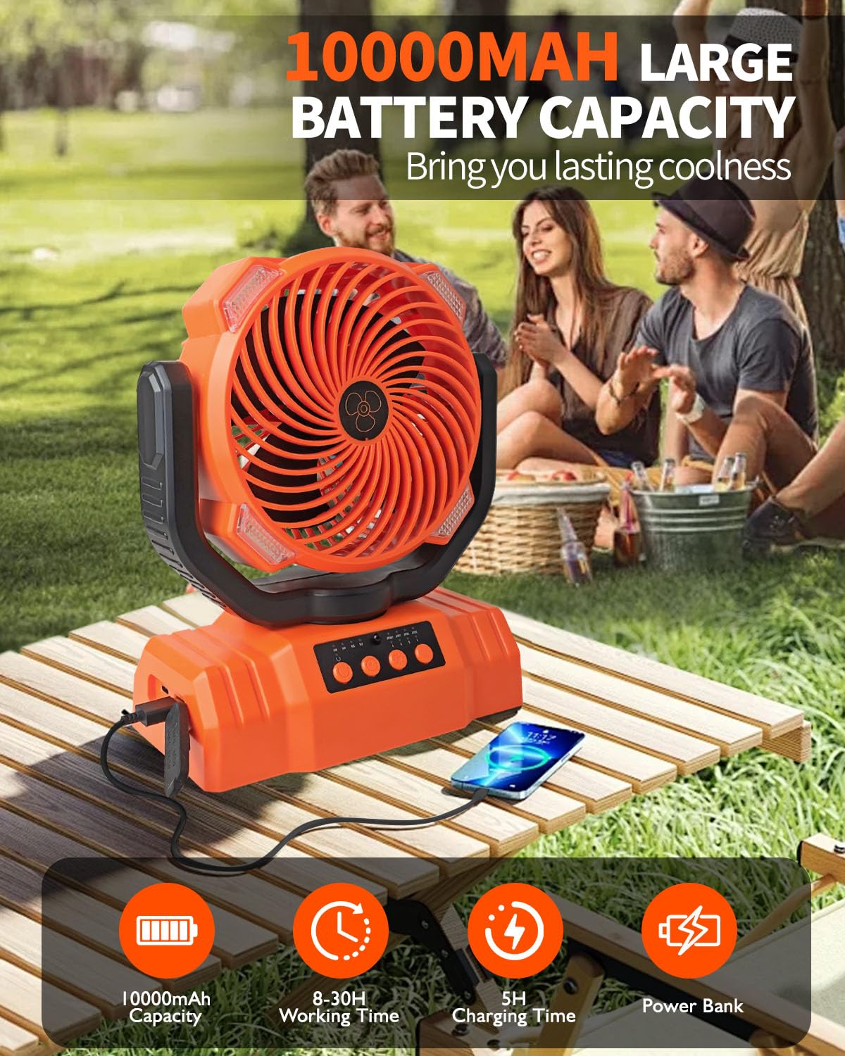 Trongle Ventilatore da campeggio con luce a LED e telecomando, 10000 mAh, ventilatore da tavolo ricaricabile auto-oscillante con gancio e custodia, ventilatore USB portatile, 4 velocità, timer