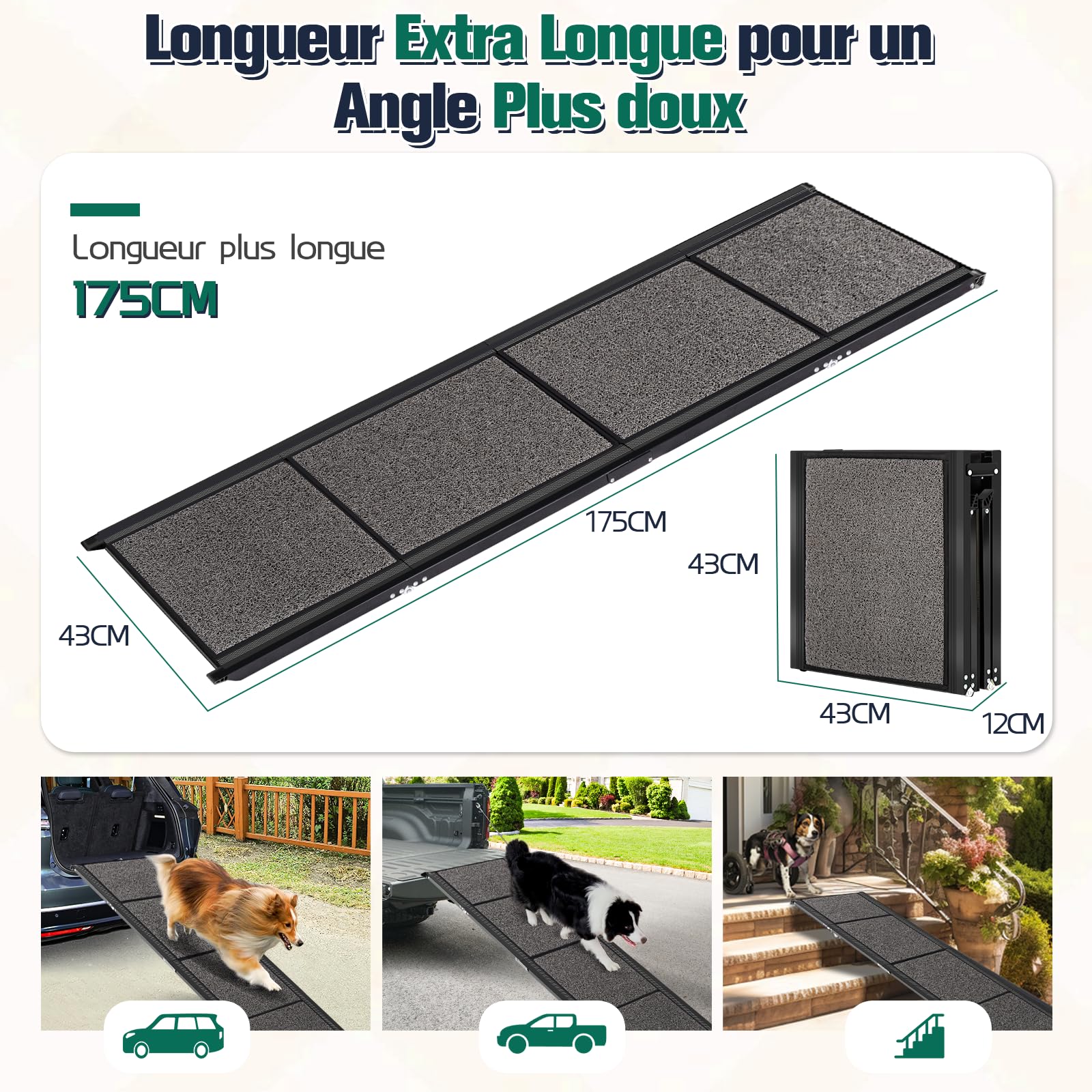 Rampe pour Chien Voiture Pliable Extra Longue 175cm, Rampes D'Accès Voiture pour Chien avec Surface Antidérapante, Échelle De Voiture Pliante Escalier pour Grands Chiens, Supporter Un Poids De 115kg