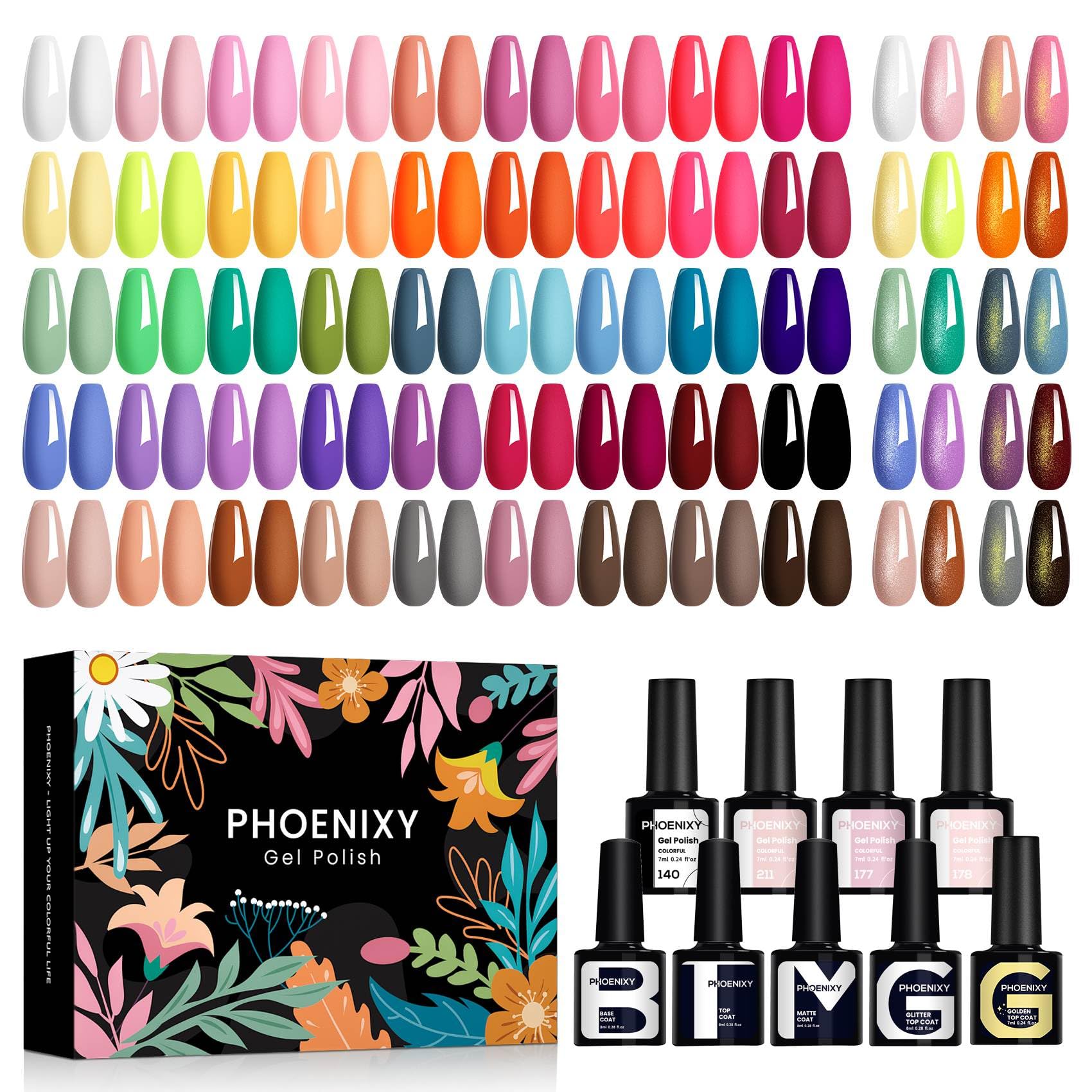 Phoenixy 50Pcs Vernis Semi Permanent 45 Couleurs Vernis Gel UV Semi Permanent avec 1 Base Coat 4 Top Coat Brillant Mat et Glitter Lot Vernis à Ongles Rose Marron Violet
