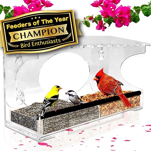 Comedero de ventanapara pájaros  Modelo 2018 - Tejado extendid o  Perca de acero  Con alimentación deslizante de acero para desagües de agua  Ve