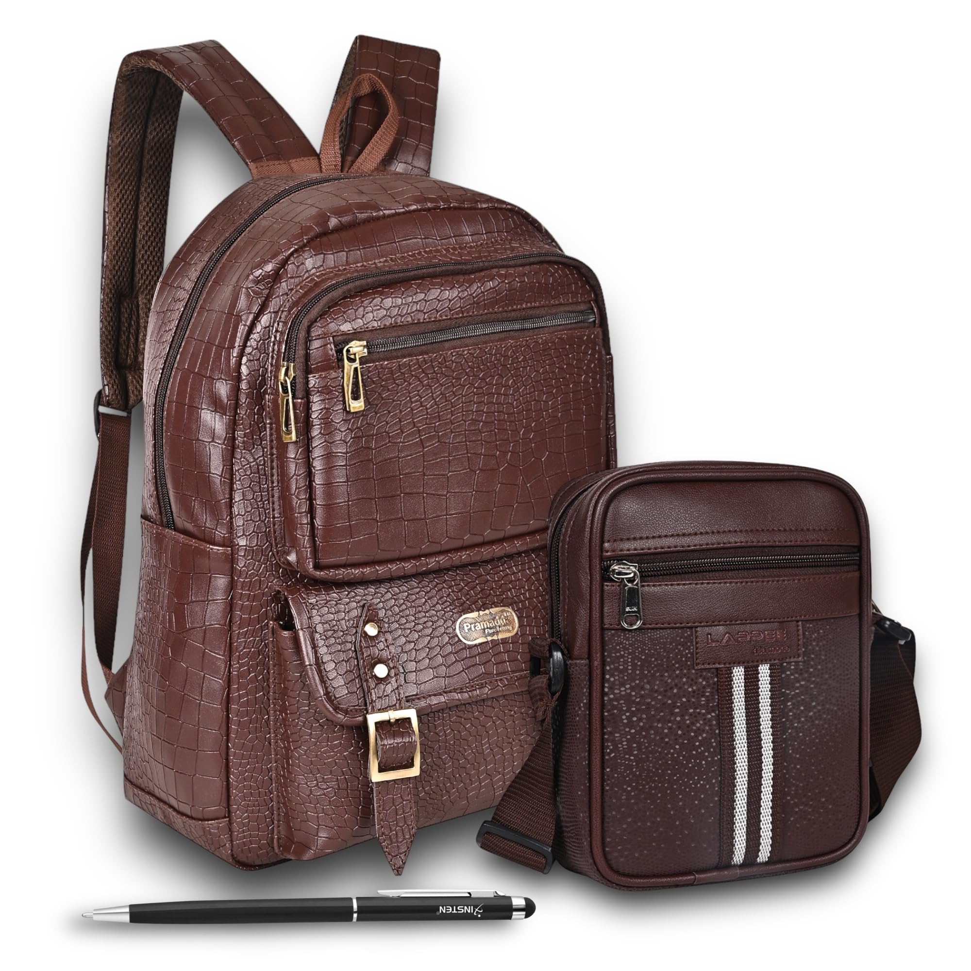 Pramadda Pure Luxury Elegant Leather Laptop Backpack With Sling Messenger Crossbody Bag with Stylus Pen Combo | Special Rakhi Rakshabandhan Gift For Brother | Corporate Gift For Men.