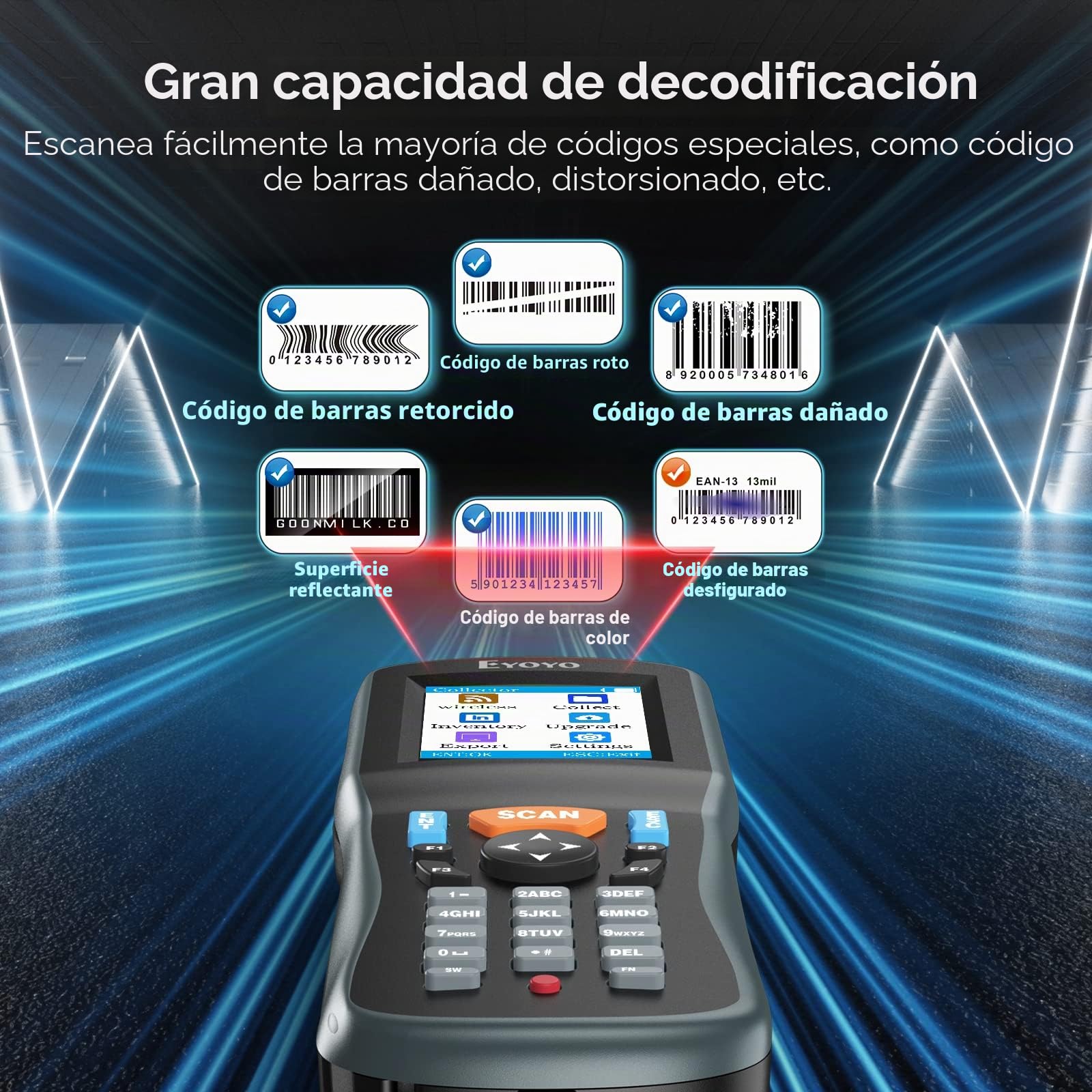 Eyoyo Lector de códigos de Barras 2D, Inventario código de Barras escáner de Datos coleccionista, 1D QR inalámbrico Terminal de Datos portátil Dispositivo de inventario