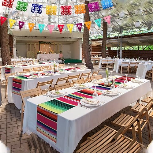 Vista 21 de Paquete de 10 caminos de mesa de sarape mexicano, 29 pancartas de papel picado, bandera colgante de fiesta y banderín colorido para fiestas Rojo