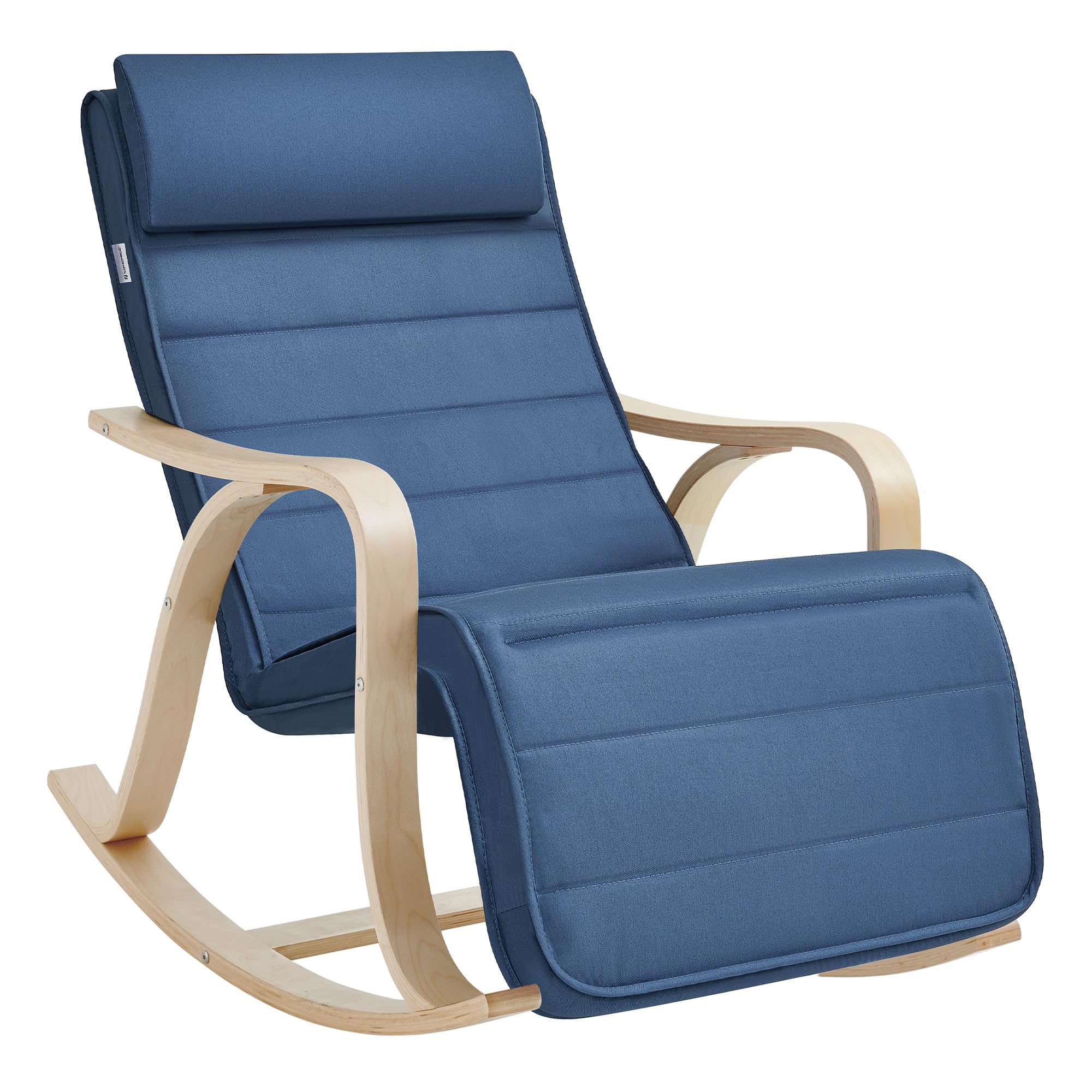 SONGMICS Fauteuil à Bascule en Bois de Bouleau, Chaise Berçante avec Repose-Pied Réglable sur 5 Hauteurs, Housse en Coton, Capacité de Charge 150 kg, Bleu Minuit LYY041Q01, 67 x 116 x 88 cm